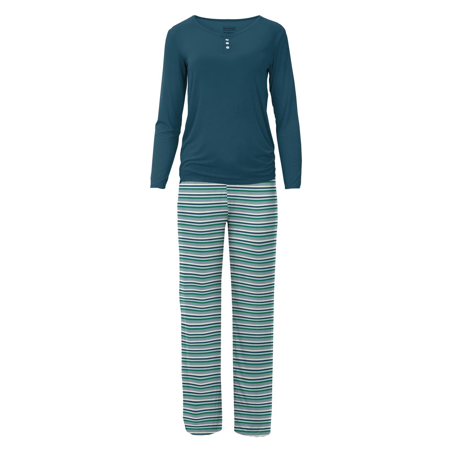 Women's Print Long Sleeve Henley Tee & Pajama Pants Set in Stormy Sea Stripe