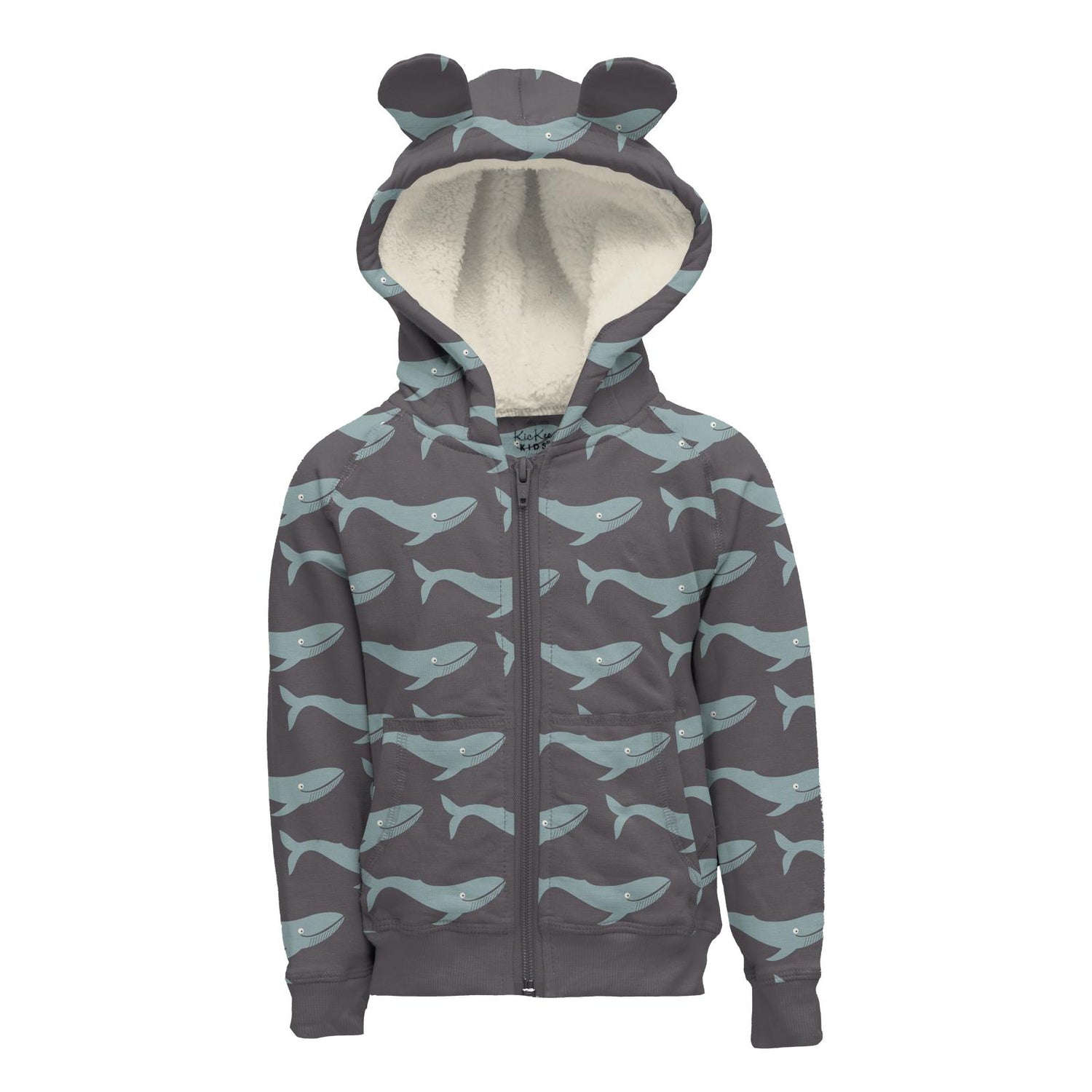 Print Fleece Zip-Front Hoodie with Ears in Rain Whale