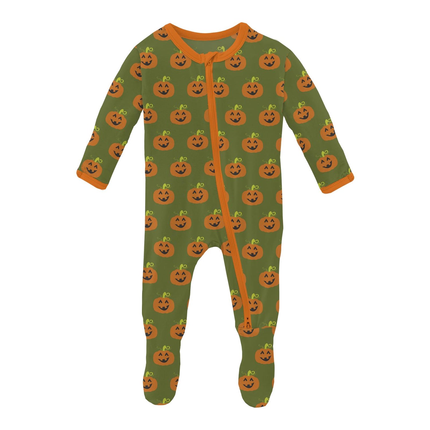 Print Footie with 2 Way Zipper in Moss Jack O'Lantern