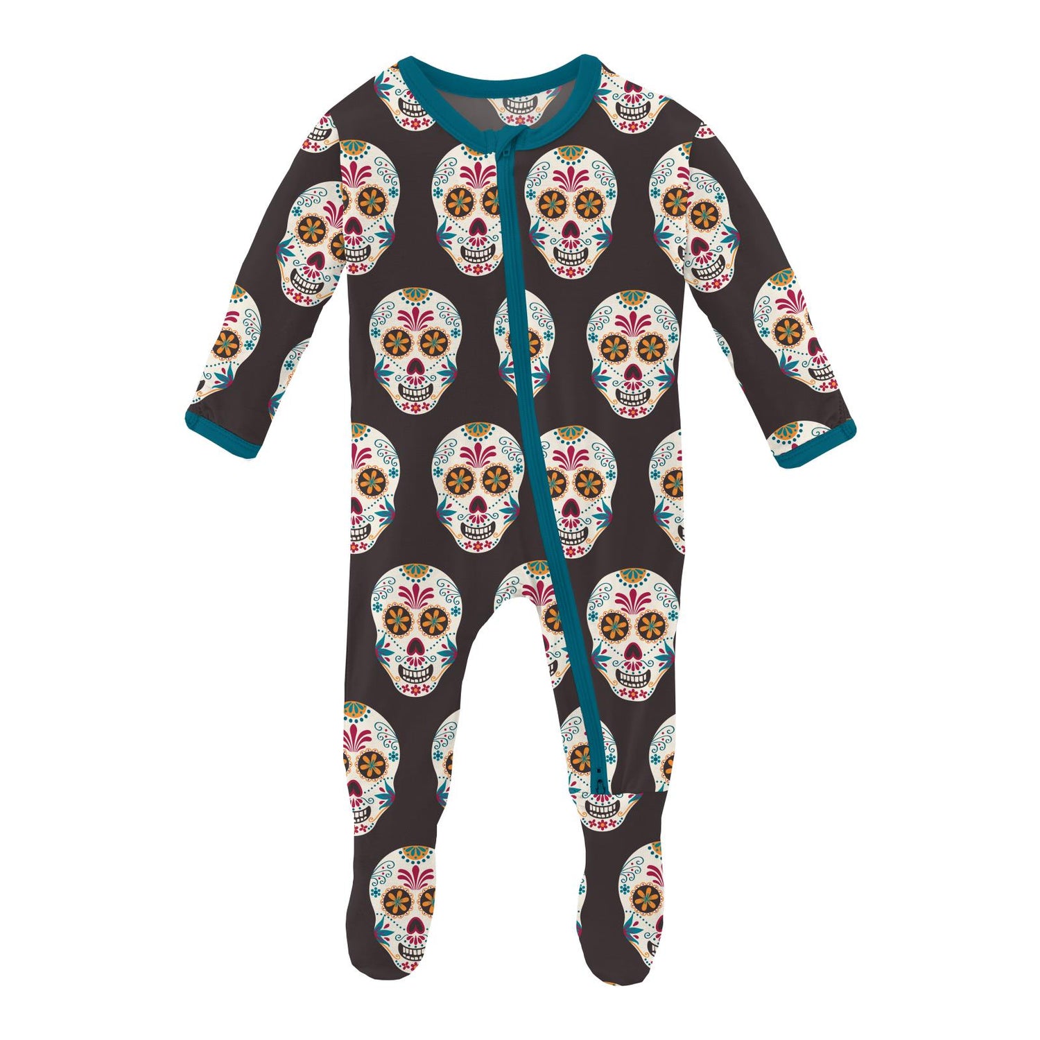 Print Footie with 2 Way Zipper in Midnight Dia De Los Muertos