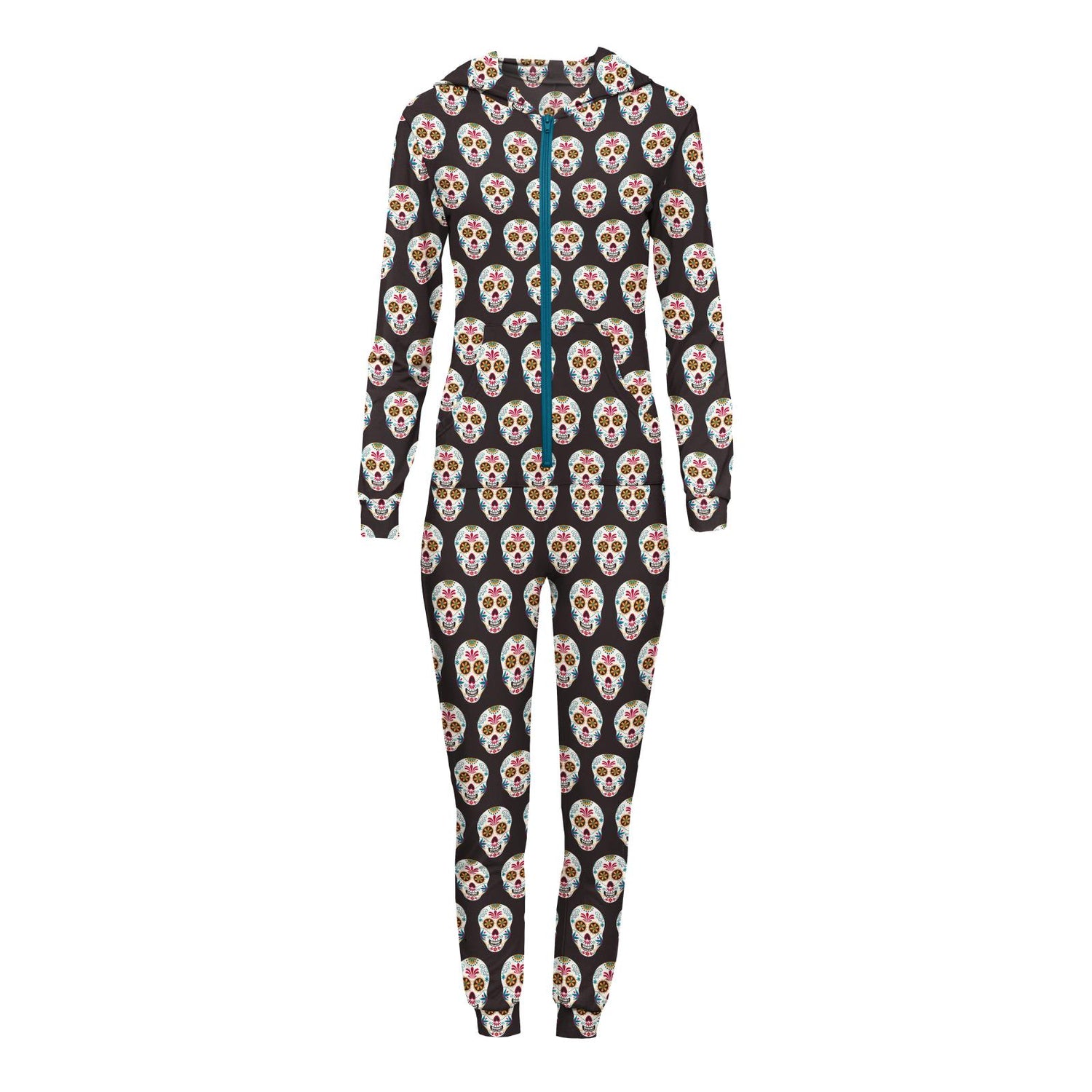 Women's Print Long Sleeve Jumpsuit with Hood in Midnight Dia De Los Muertos