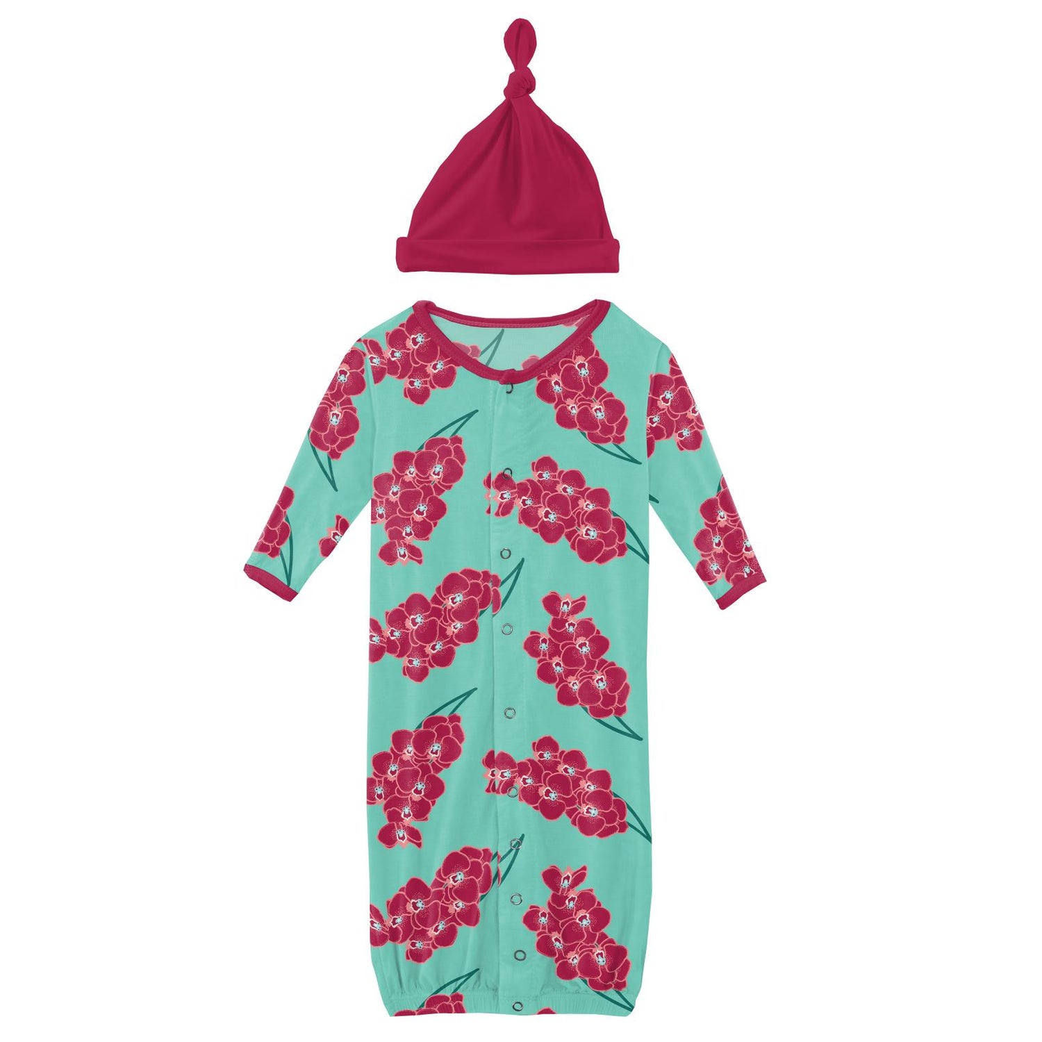 Print Layette Gown Converter & Single Knot Hat Set in Glass Orchids