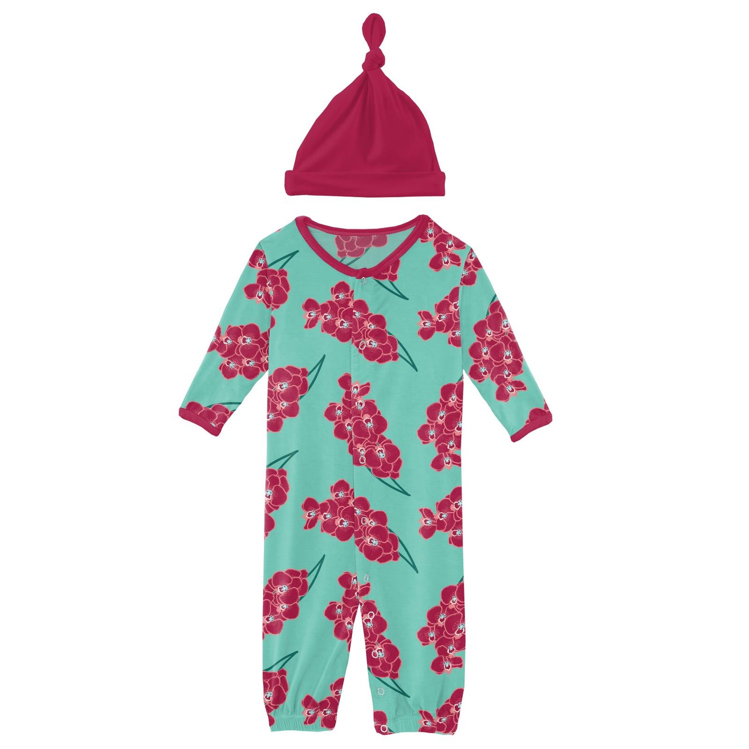 Print Layette Gown Converter & Single Knot Hat Set in Glass Orchids