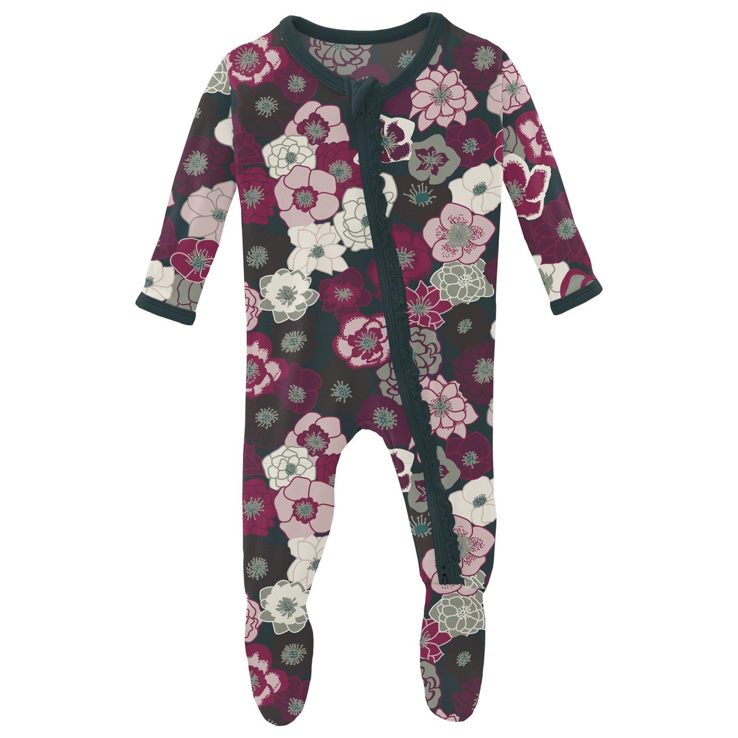 Print Muffin Ruffle Footie with 2 Way Zipper in Hellebores