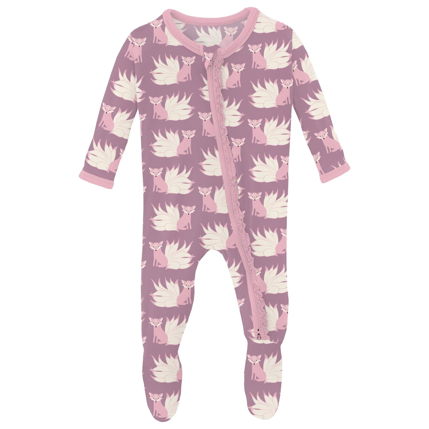 Print Muffin Ruffle Footie with 2 Way Zipper in Pegasus Kitsune