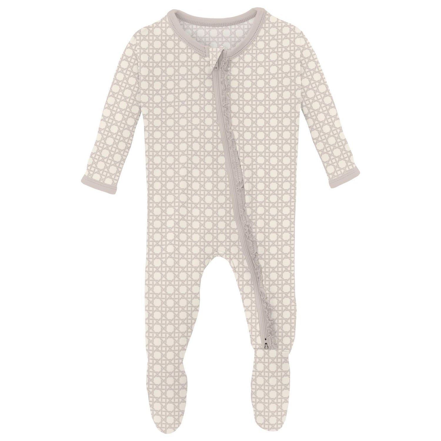 Print Muffin Ruffle Footie with 2 Way Zipper in Latte Wicker