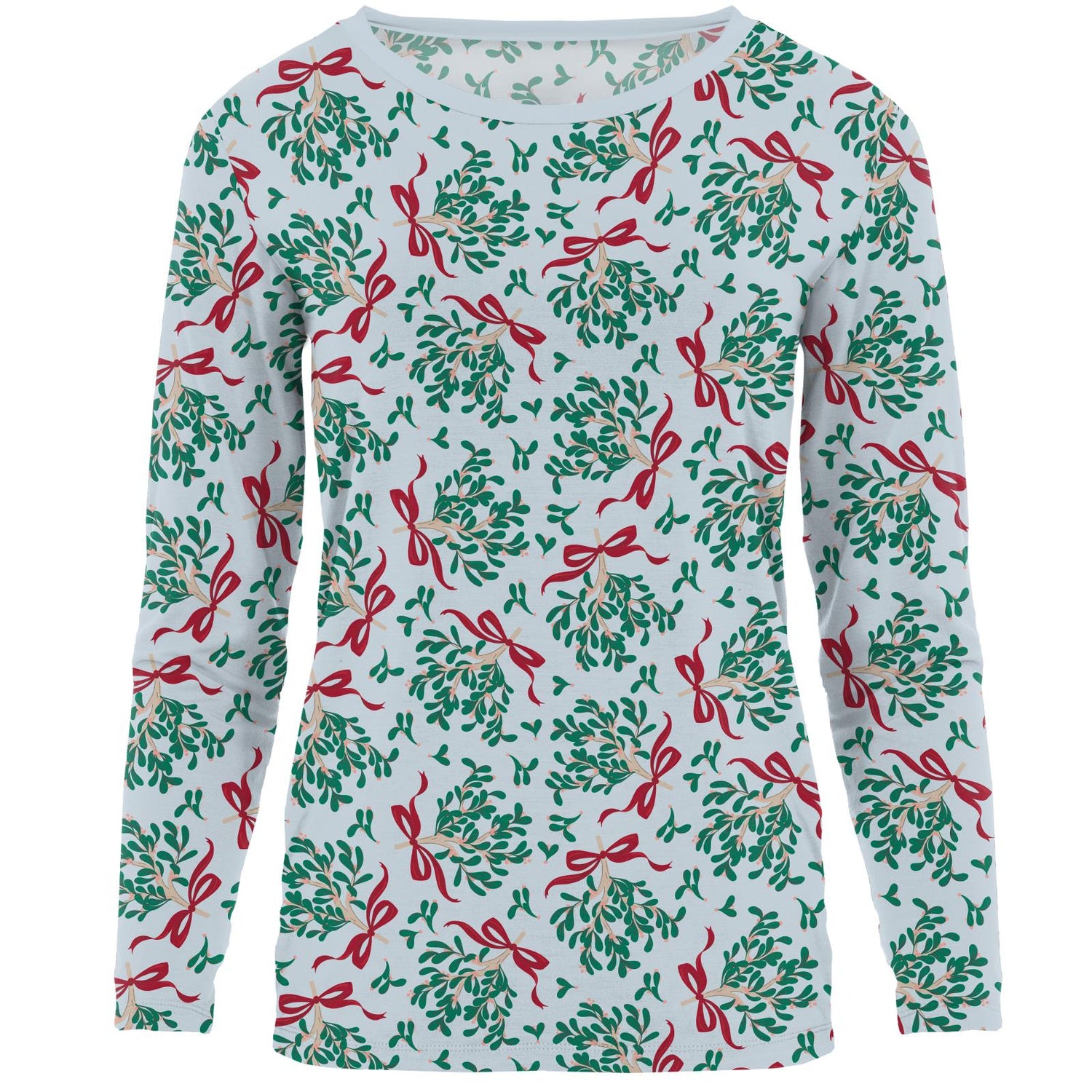 Women's Print Long Sleeve Relaxed Tee in Illusion Blue Mistletoe & Ribbons