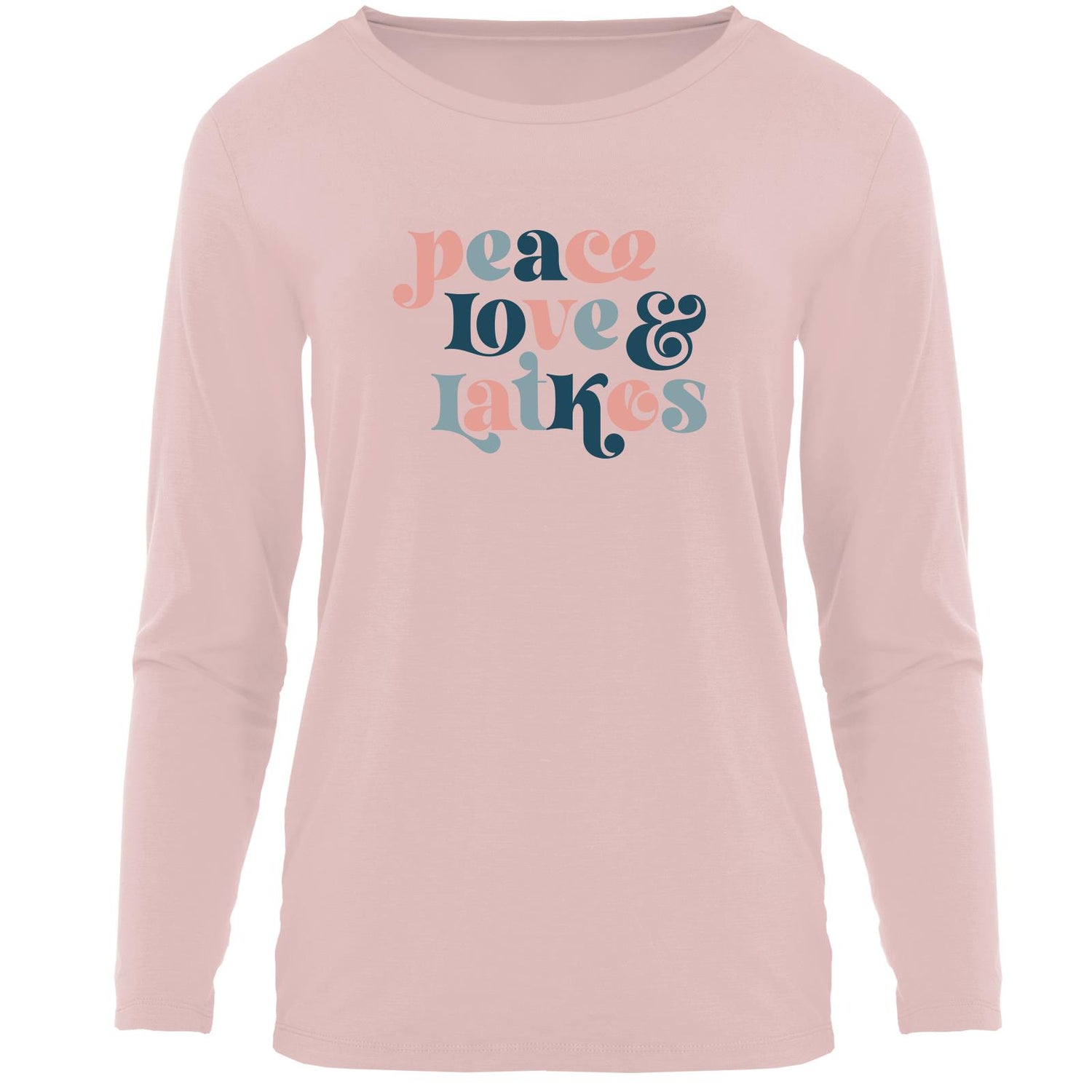 Women's Long Sleeve Relaxed Graphic Tee in Baby Rose Peace Love Latkes