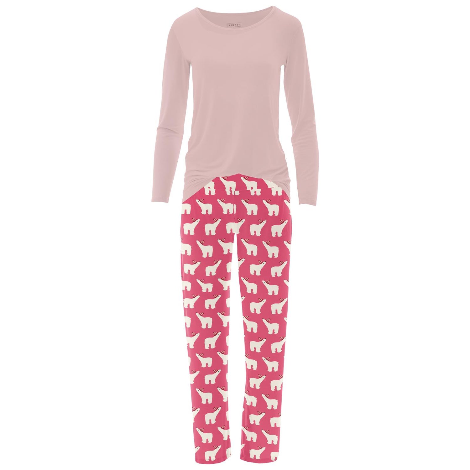 Women's Print Long Sleeve Relaxed Tee & Pajama Pants Set in Winter Rose Polar Bears