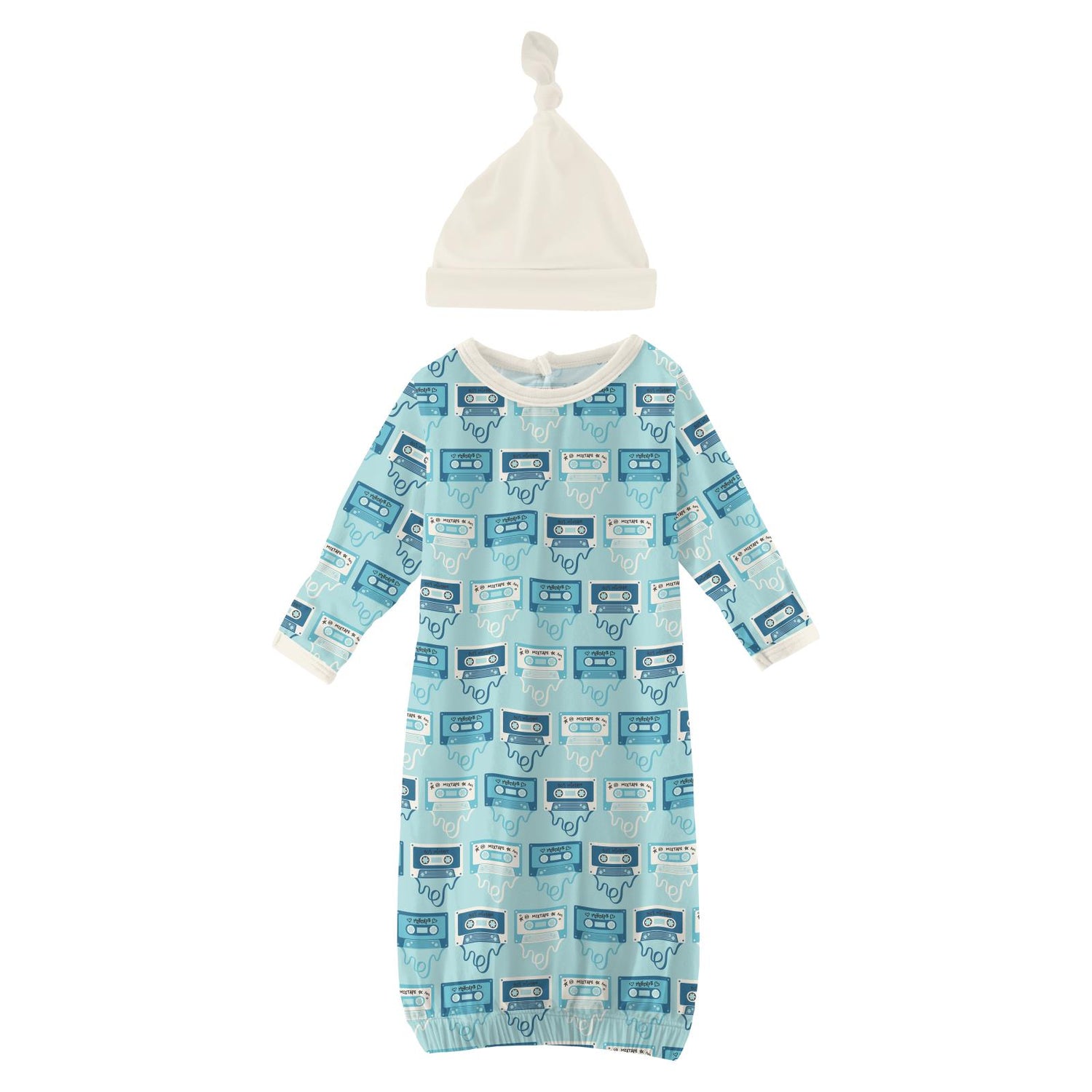 Print Layette Gown & Single Knot Hat Set in Summer Sky Mixtape