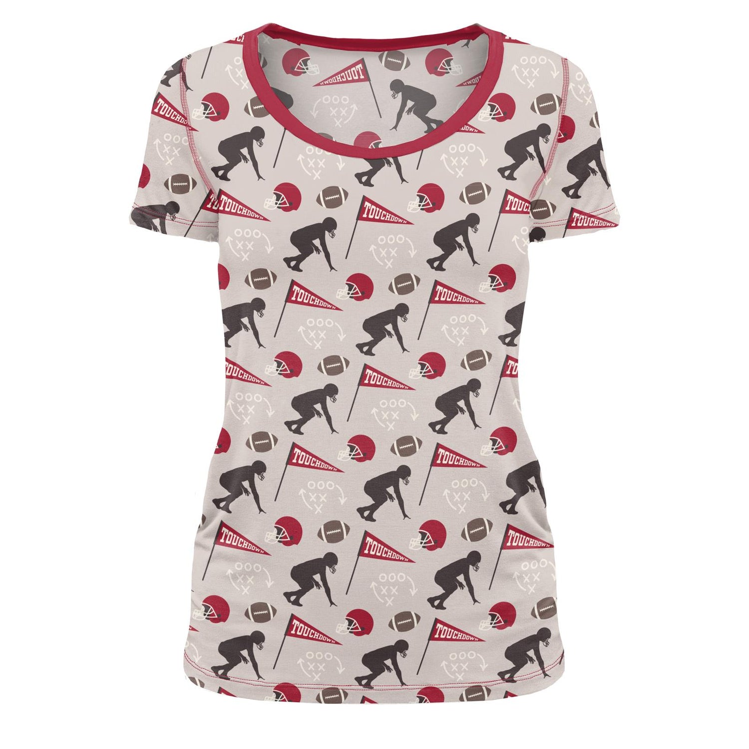 Women's Print Short Sleeve Scoop Neck Tee in Latte Touchdown