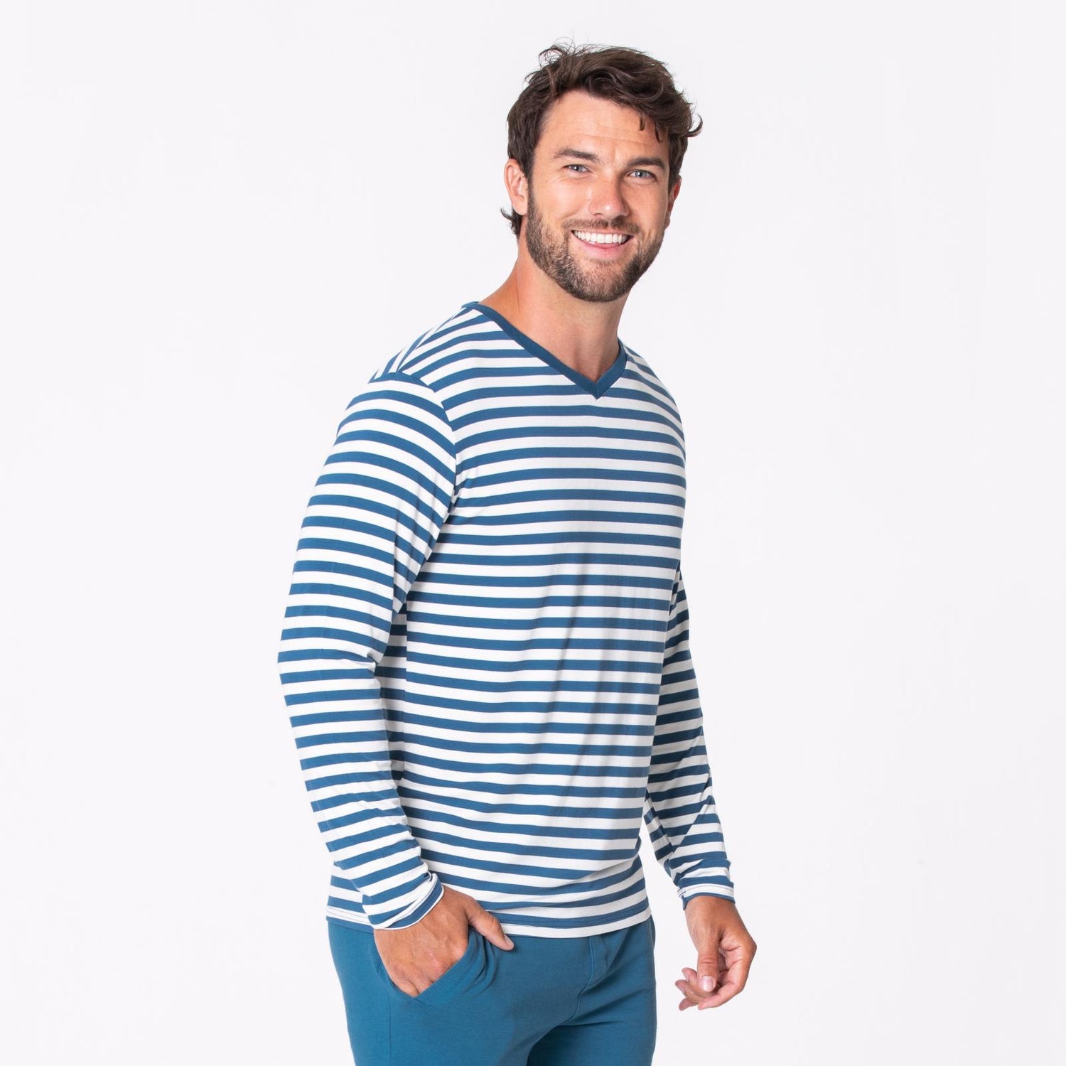 Men's Print Long Sleeve V-Neck Tee in Nautical Stripe