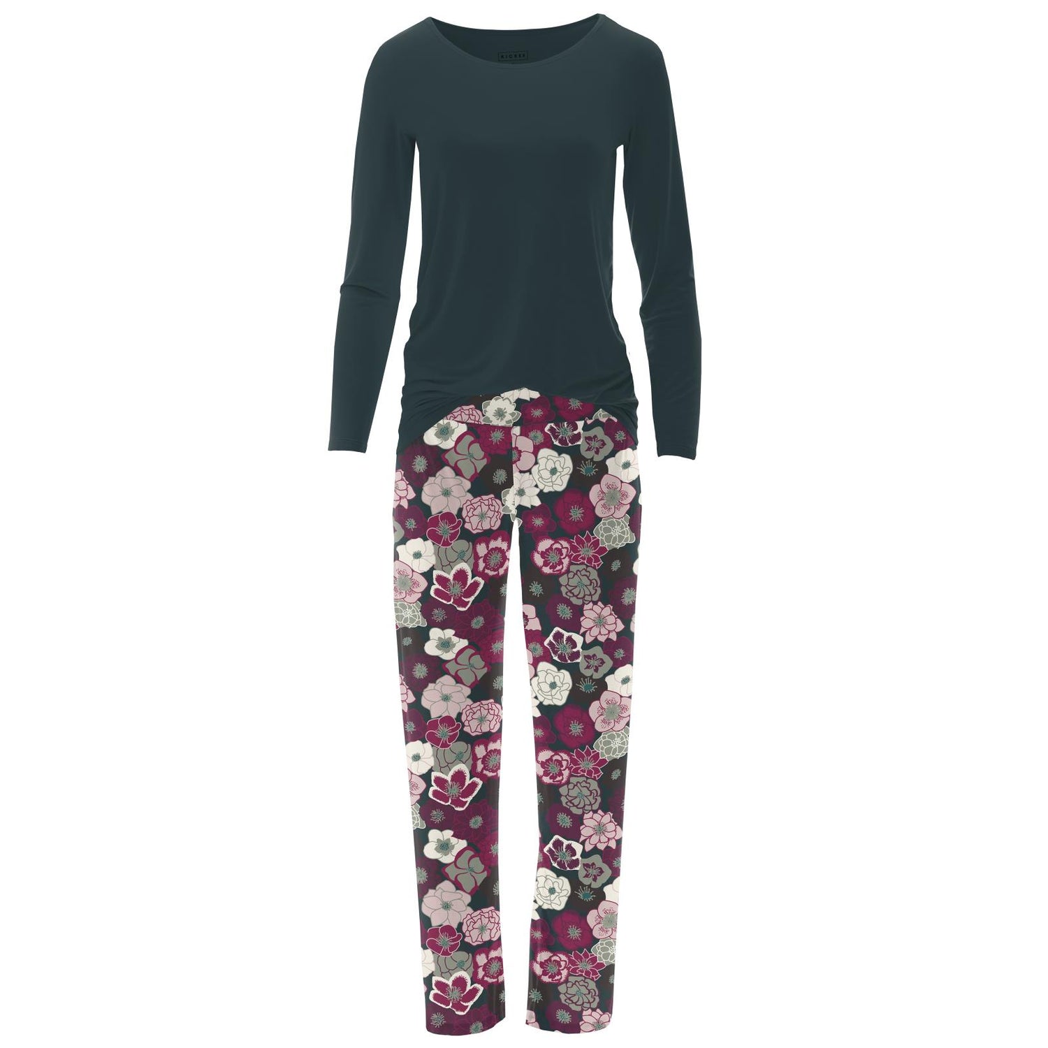 Women's Print Long Sleeve Loosey Goosey Tee & Pajama Pants Set in Hellebores