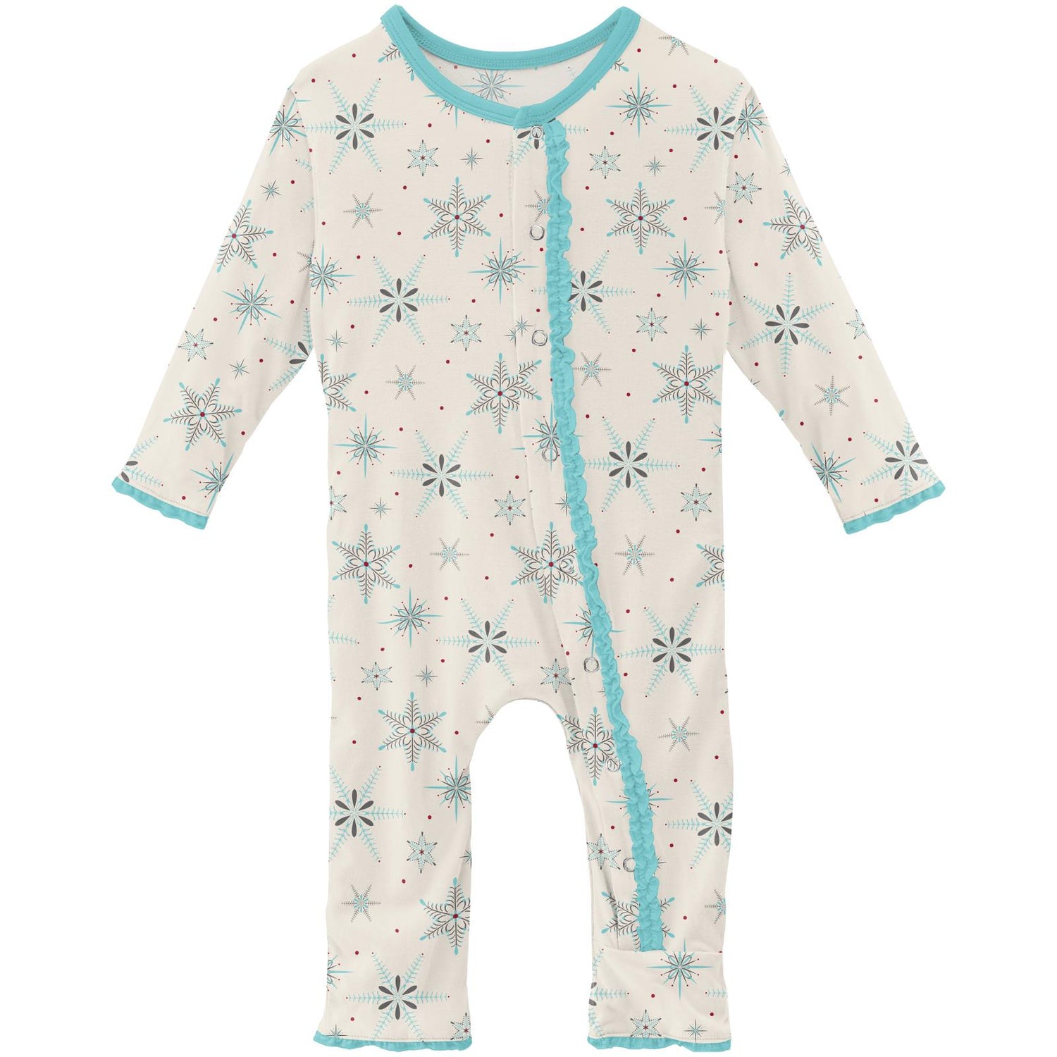 Print Muffin Ruffle Coverall with Snaps in Natural Snowflakes