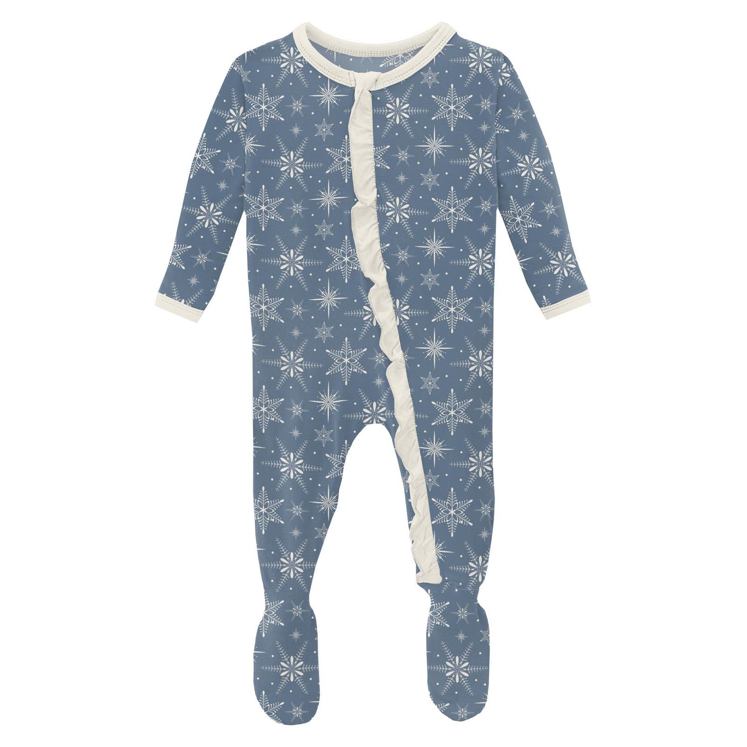 Print Classic Ruffle Footie with 2 Way Zipper in Parisian Blue Snowflakes