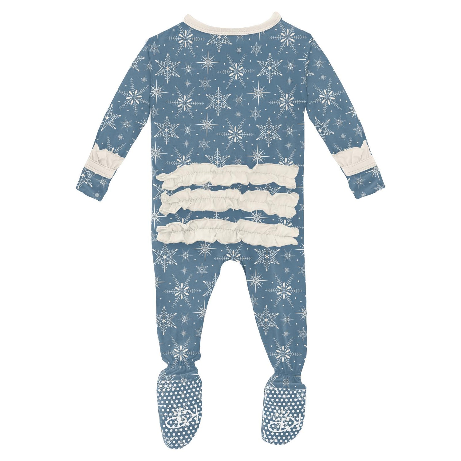 Print Classic Ruffle Footie with 2 Way Zipper in Parisian Blue Snowflakes