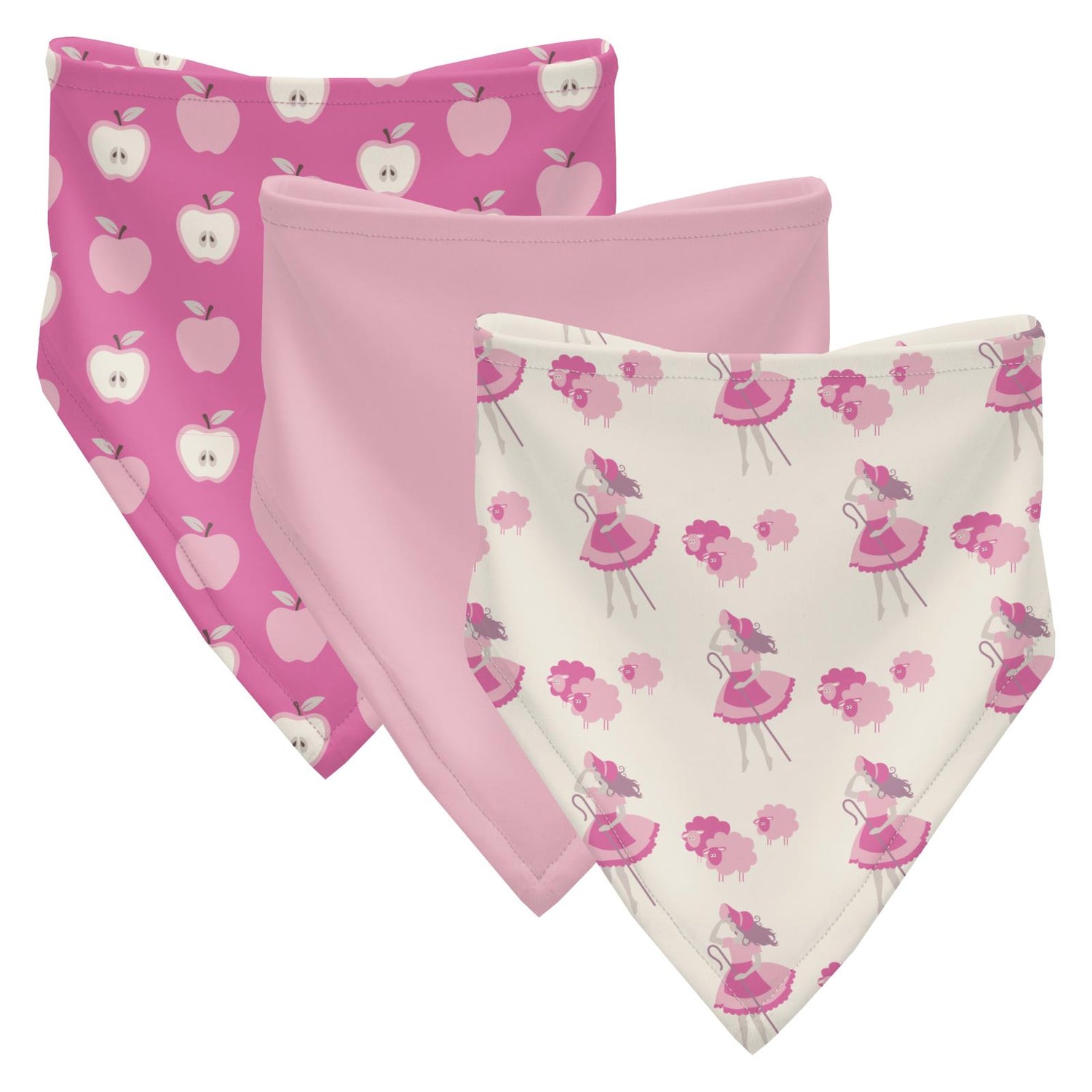 Print Bandana Bib Set of 3 in Tulip Johnny Appleseed, Cake Pop & Natural Little Bo Peep