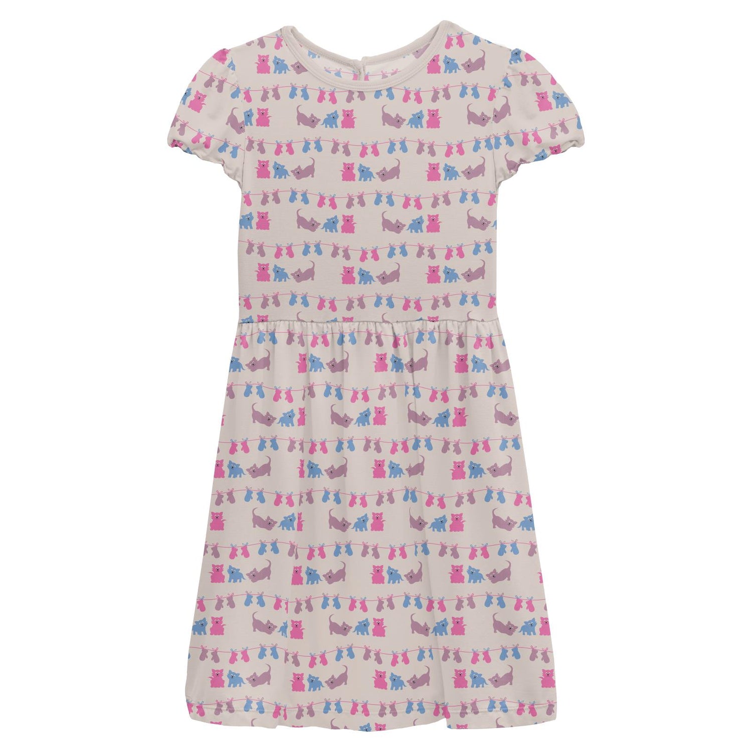 Print Flutter Sleeve Twirl Dress with Pockets in Latte 3 Little Kittens