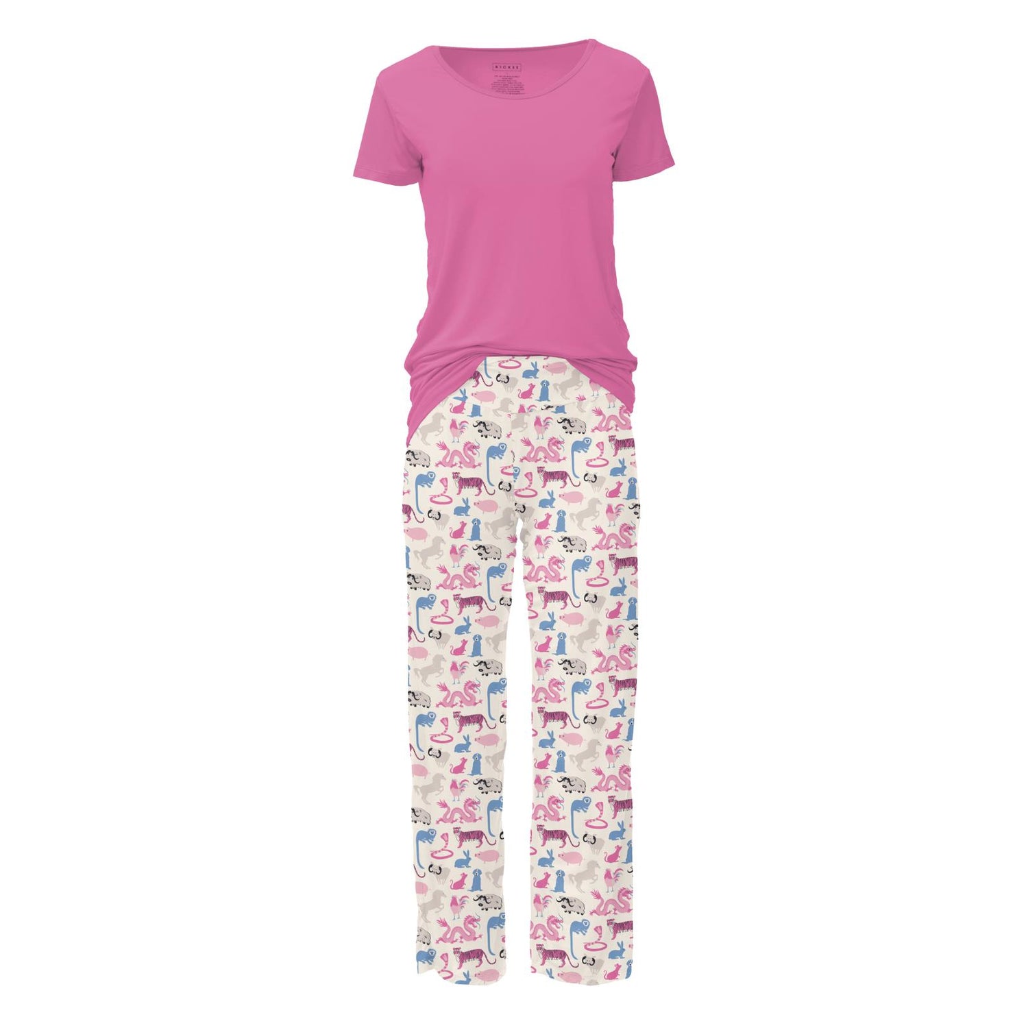 Women's Print Short Sleeve Loosey Goosey Tee & Pajama Pants Set in Natural Chinese Zodiac