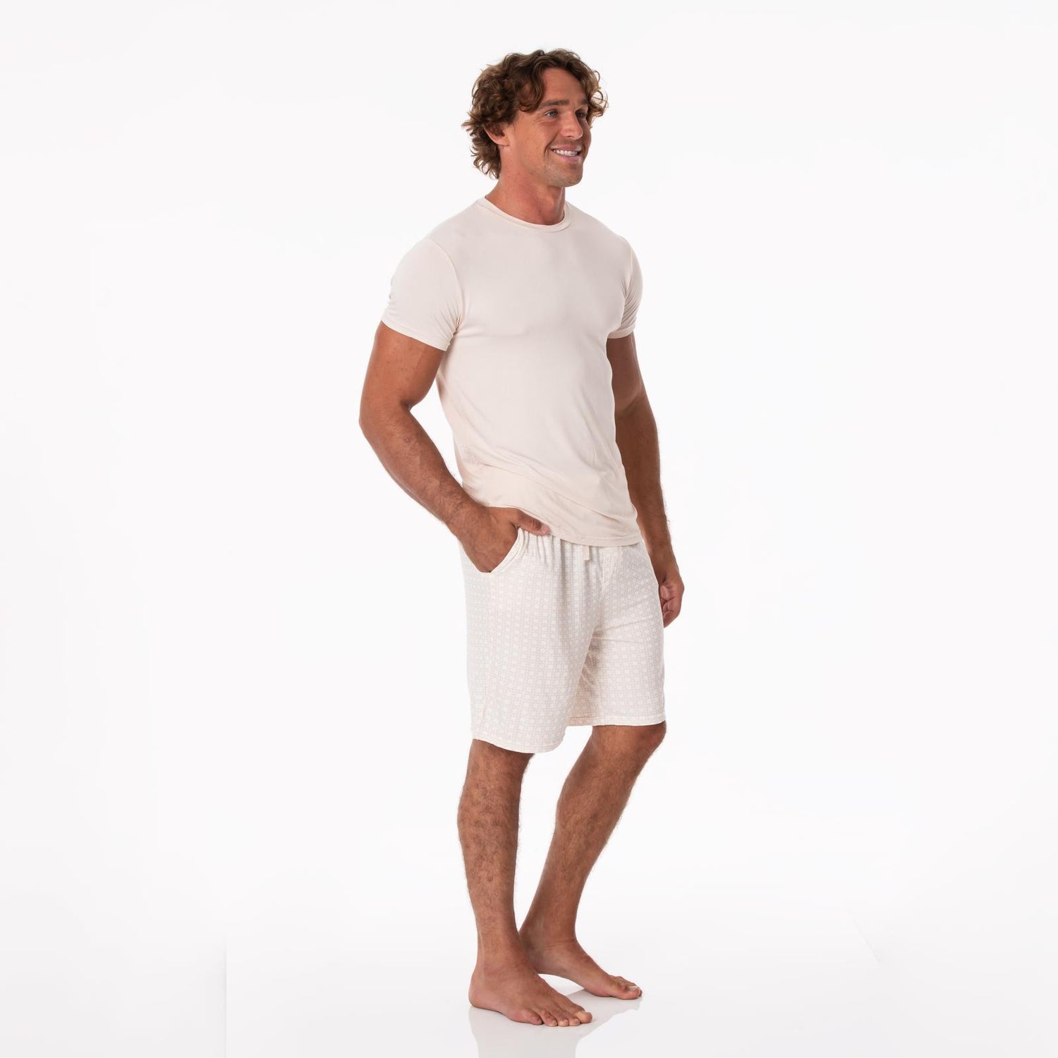 Men's Print Short Sleeve Pajama Set with Lounge Shorts in Latte Wicker