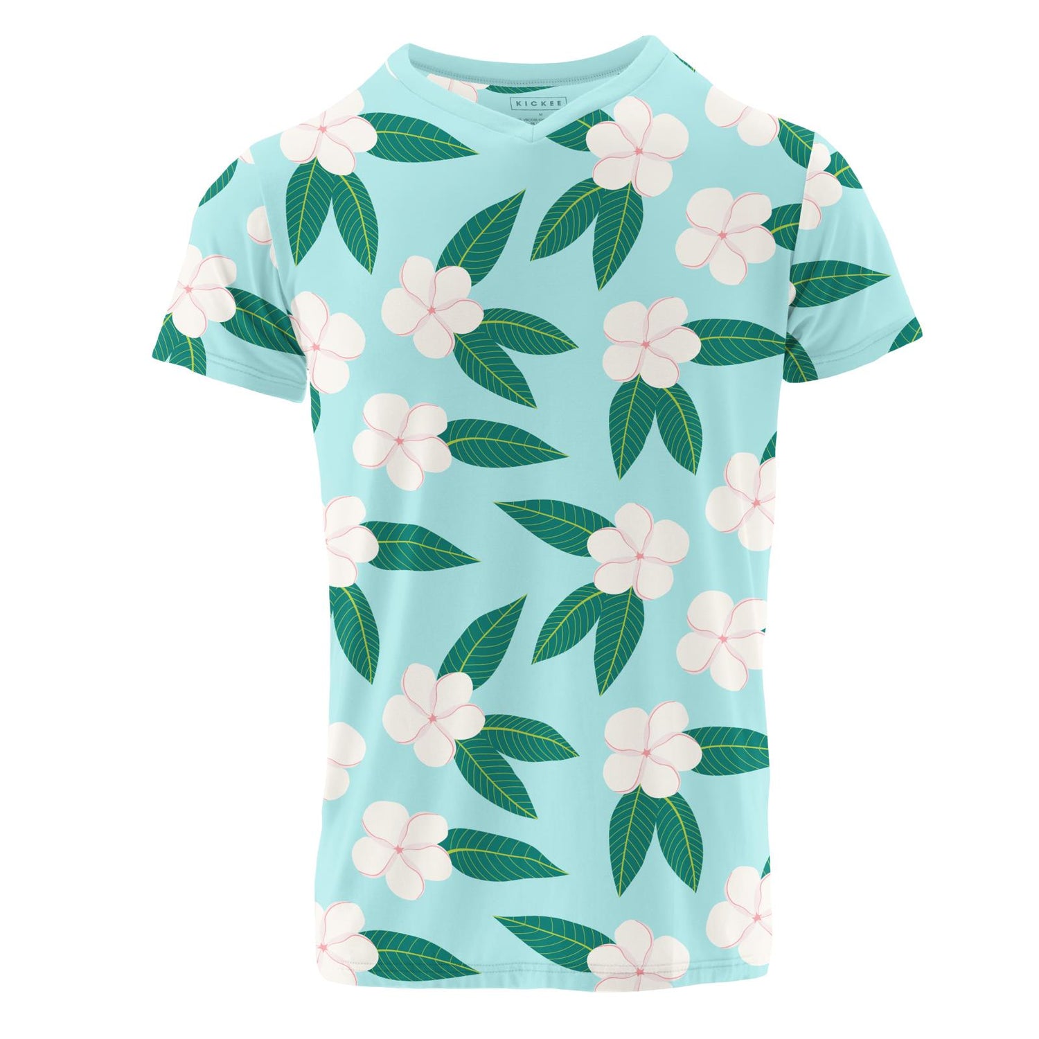 Men's Short Sleeve Print V-Neck Tee in Summer Sky Plumeria