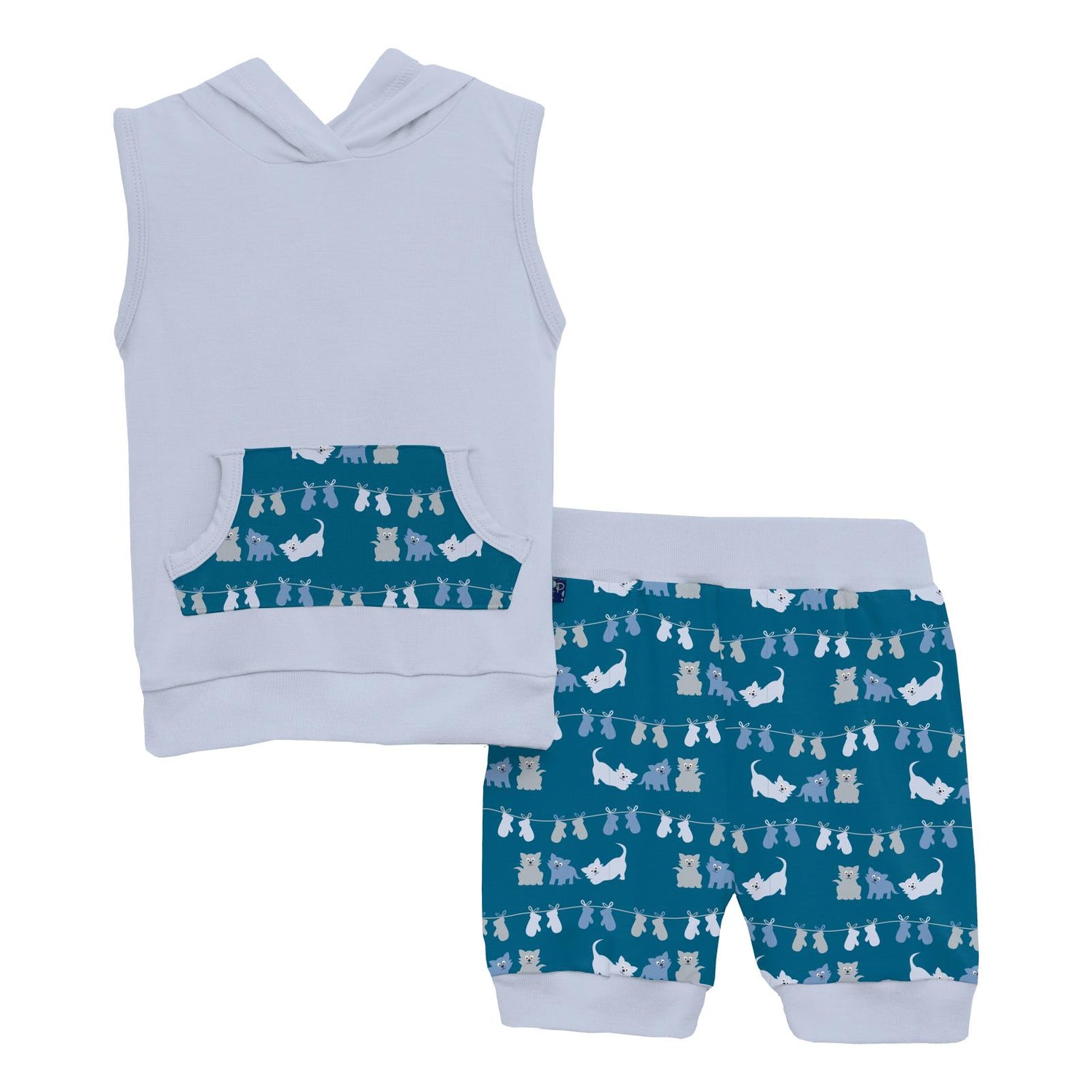 Print Short Sleeve Hoodie Tank Outfit Set in Seaport 3 Little Kittens