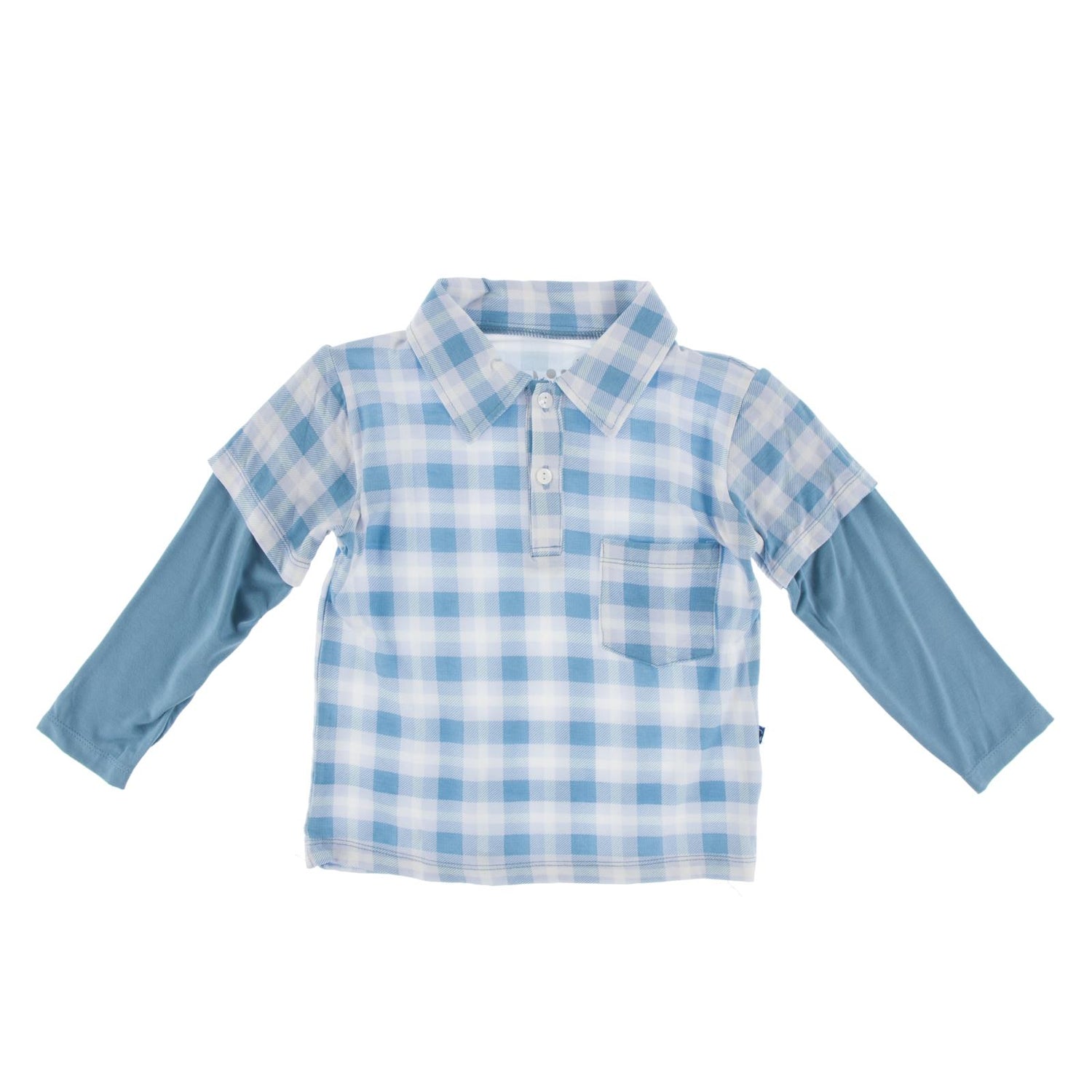 Print Long Sleeve Double Layer Polo in Blue Moon Holiday Plaid