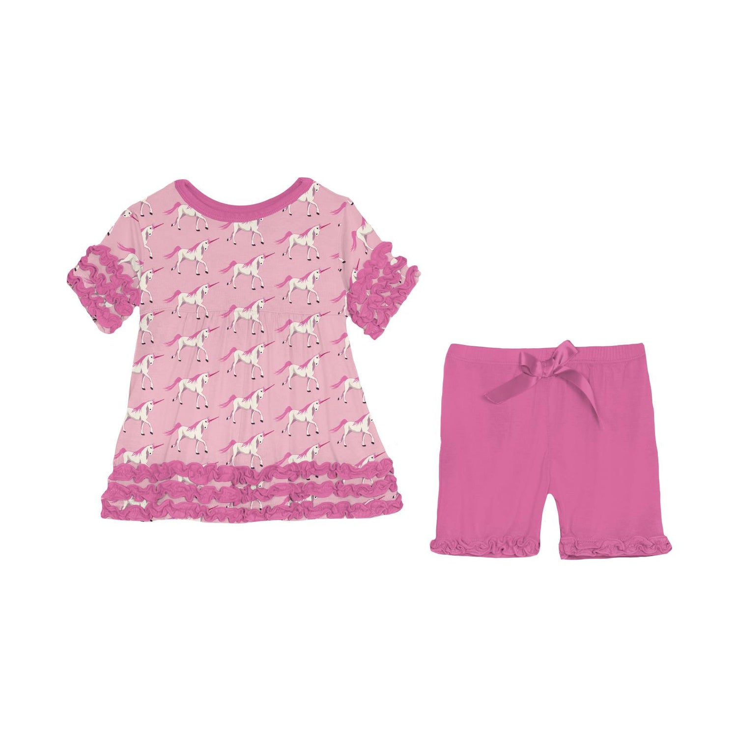 Print Short Sleeve Babydoll Outfit Set with Shorts in Cake Pop Prancing Unicorn