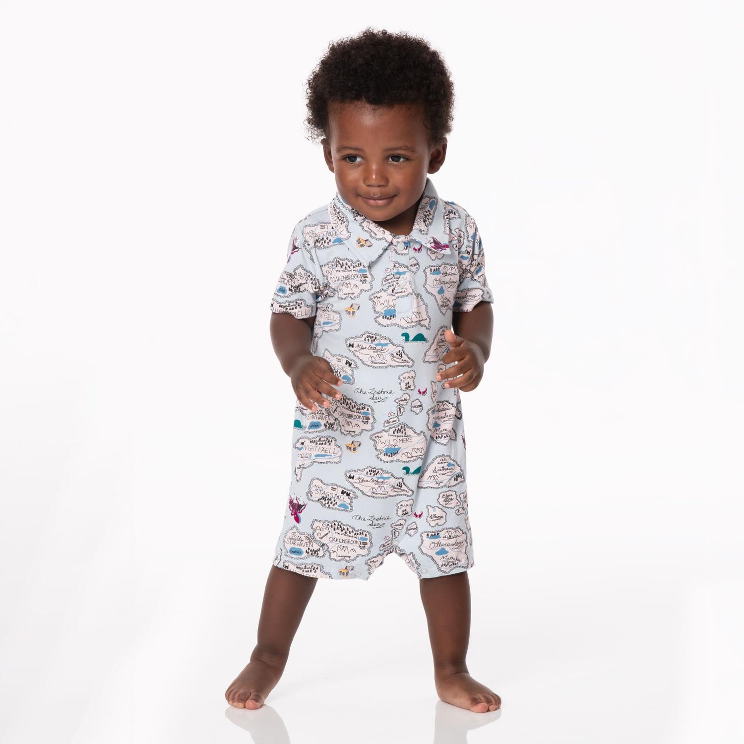 Print Short Sleeve Polo Romper in Dew Pirate Map