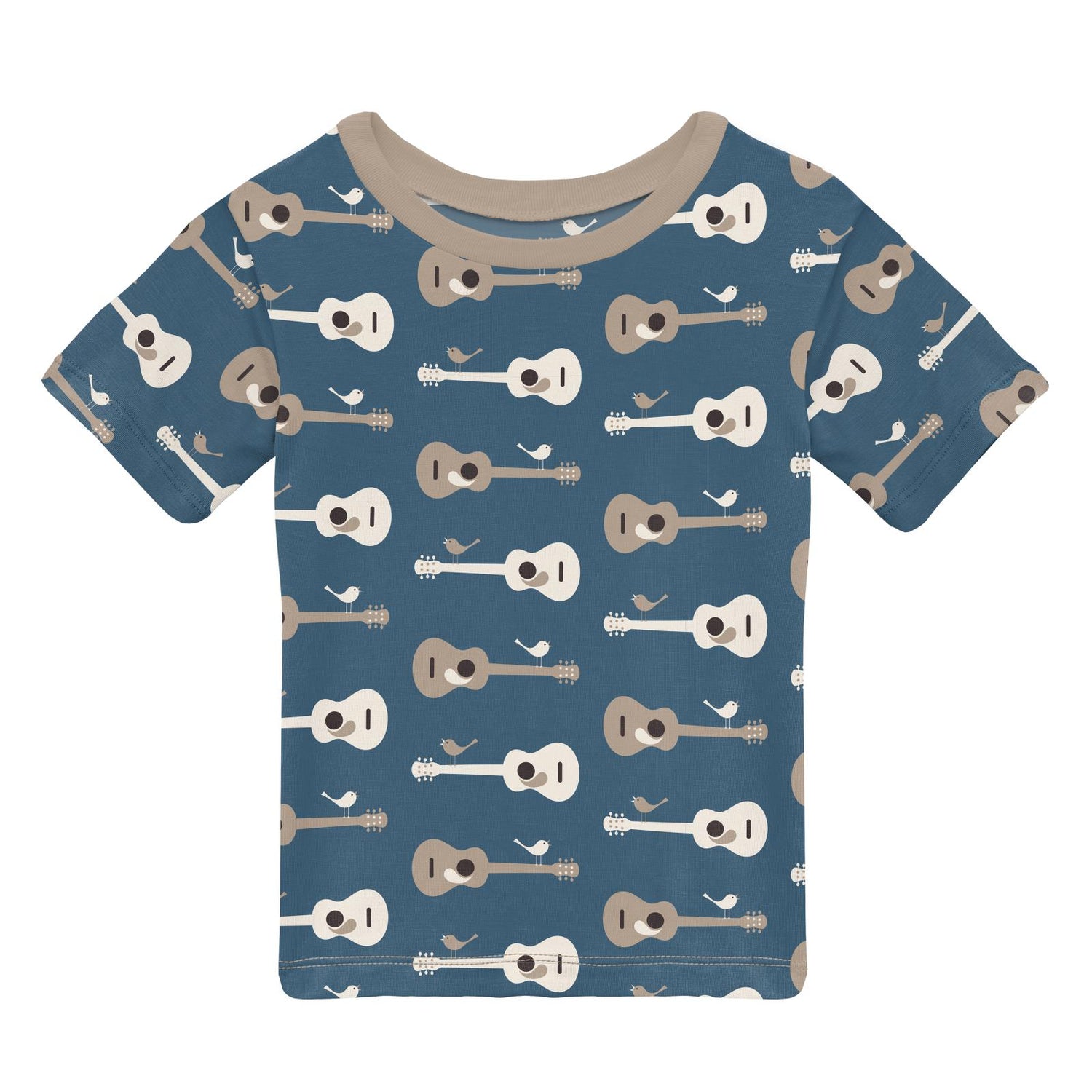 Print Short Sleeve Easy Fit Crew Neck Tee in Deep Sea Guitar Birds