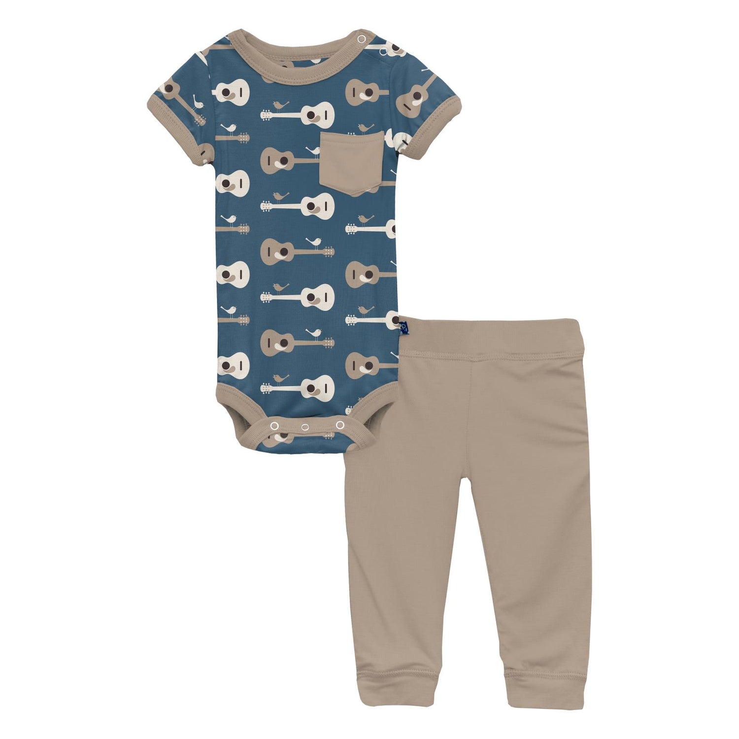 Print Short Sleeve Pocket One Piece & Pants Outfit Set in Deep Sea Guitar Birds