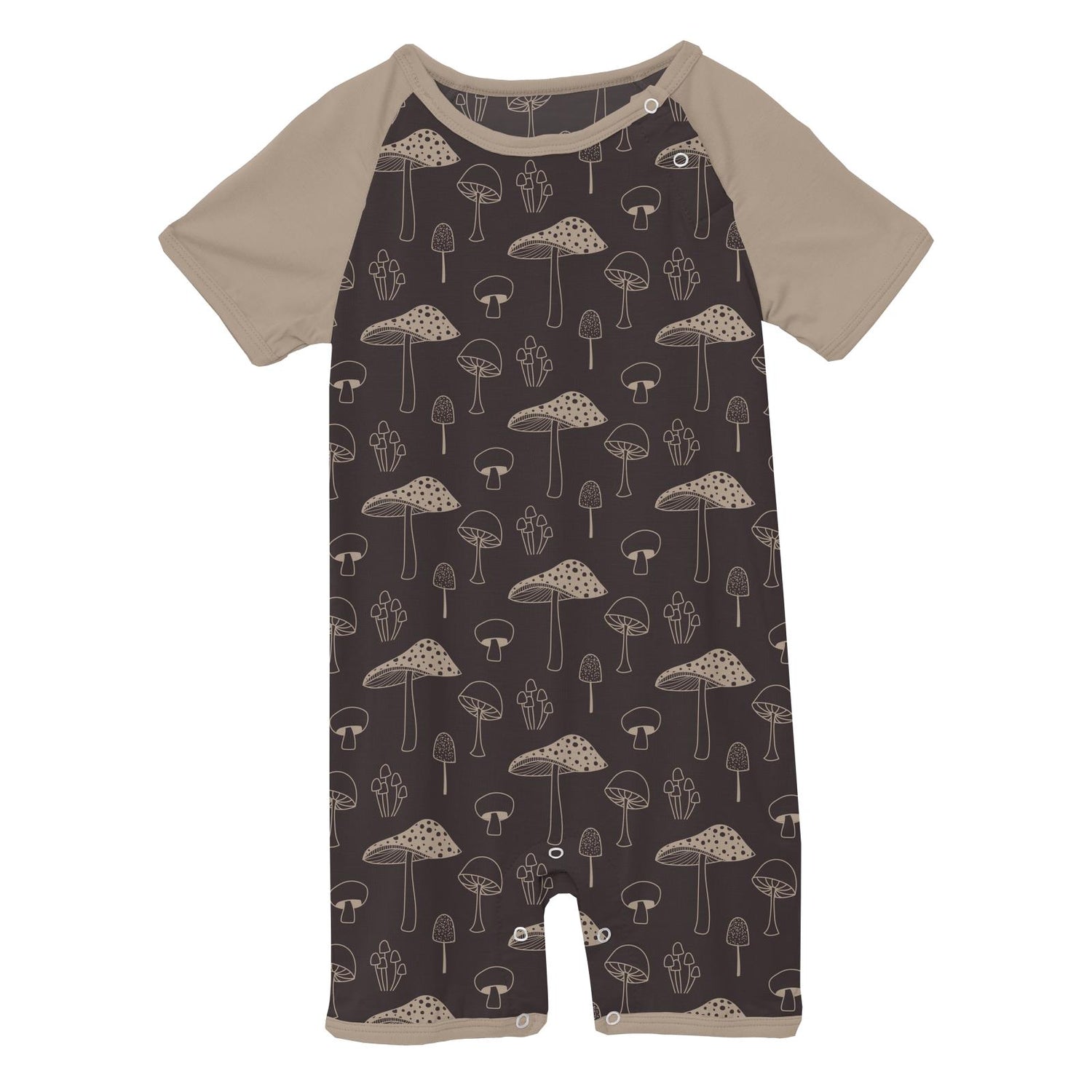 Print Short Sleeve Raglan Romper in Midnight Mushrooms