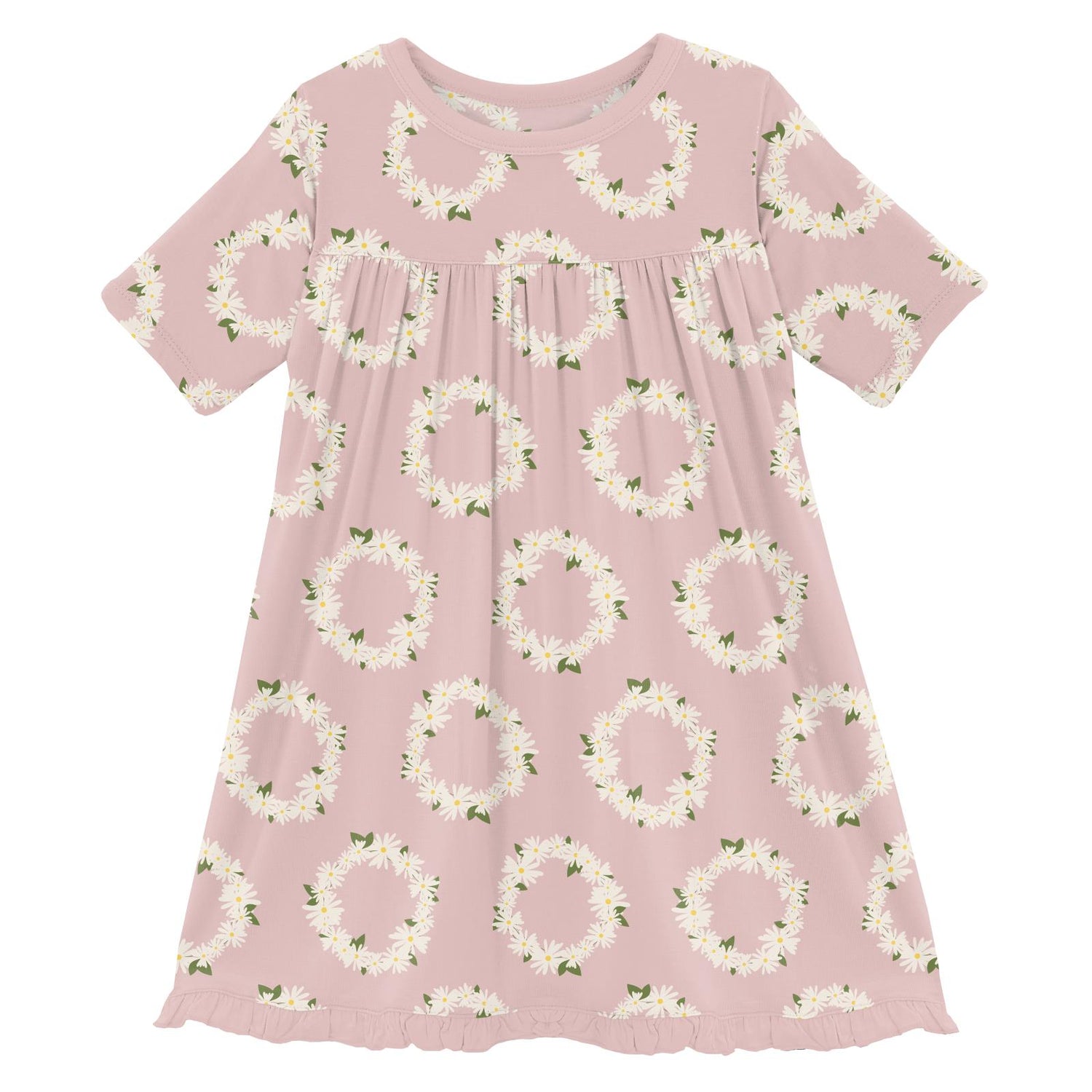 Print Classic Short Sleeve Swing Dress in Baby Rose Daisy Crowns