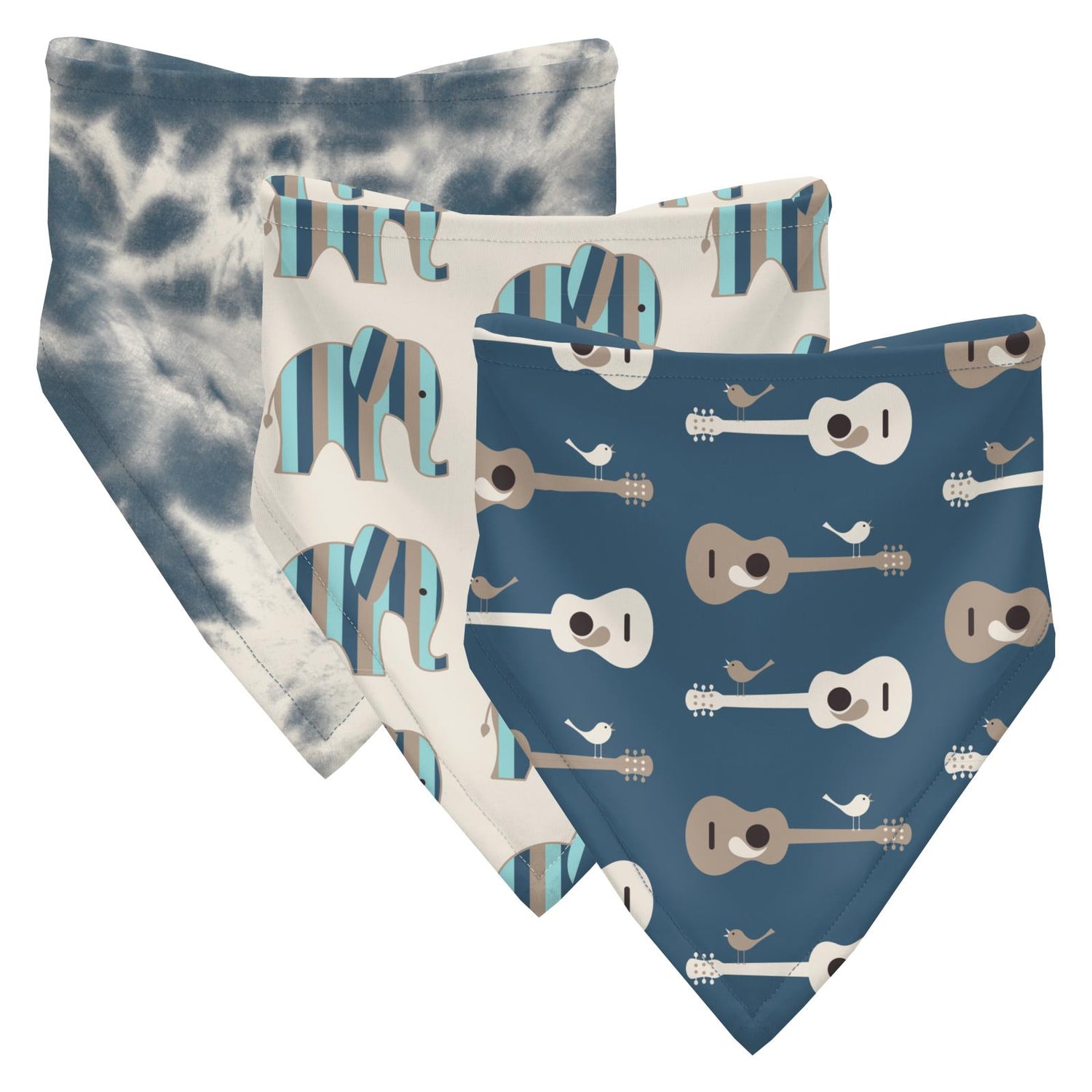 Print Bandana Bib Set of 3 in Deep Sea Tie Dye, Natural Elephant Stripe & Deep Sea Guitar Birds