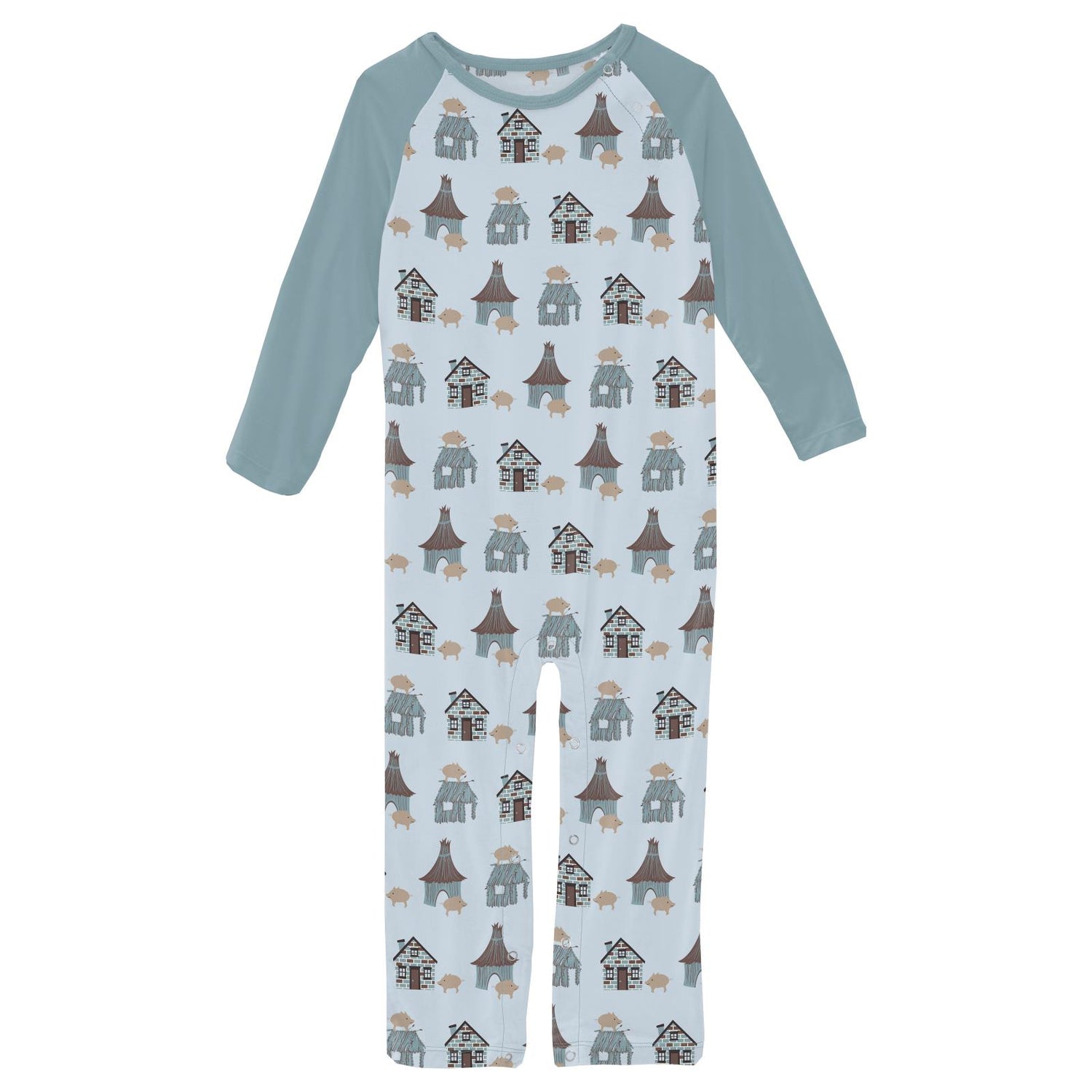 Print Long Sleeve Raglan Romper in Illusion Blue Three Little Pigs