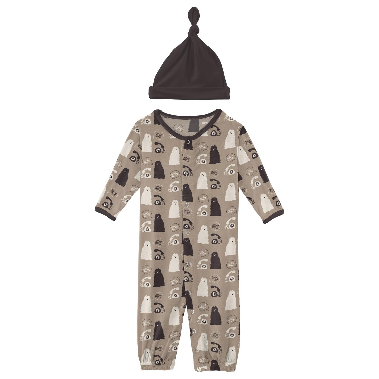 Print Layette Gown Converter & Single Knot Hat Set in Popsicle Stick Telephone and Dog