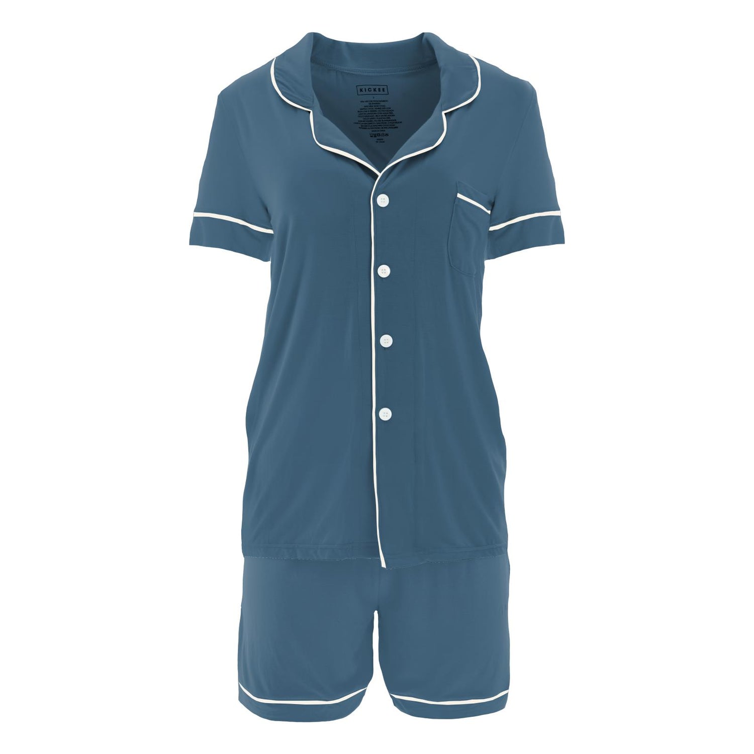 Women's Solid Short Sleeve Collared Pajama Set with Shorts in Deep Sea with Natural