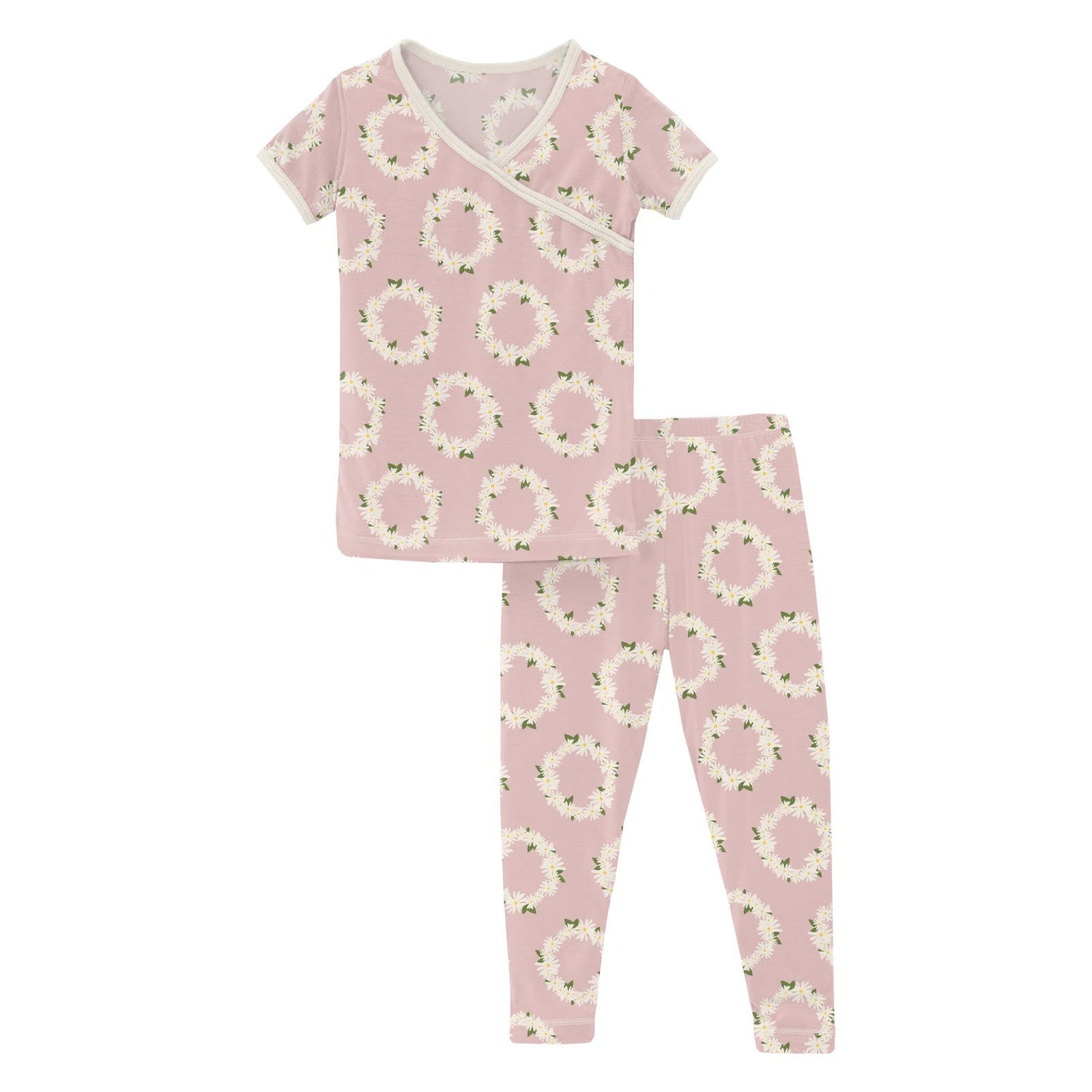 Print Short Sleeve Kimono Pajama Set in Baby Rose Daisy Crowns