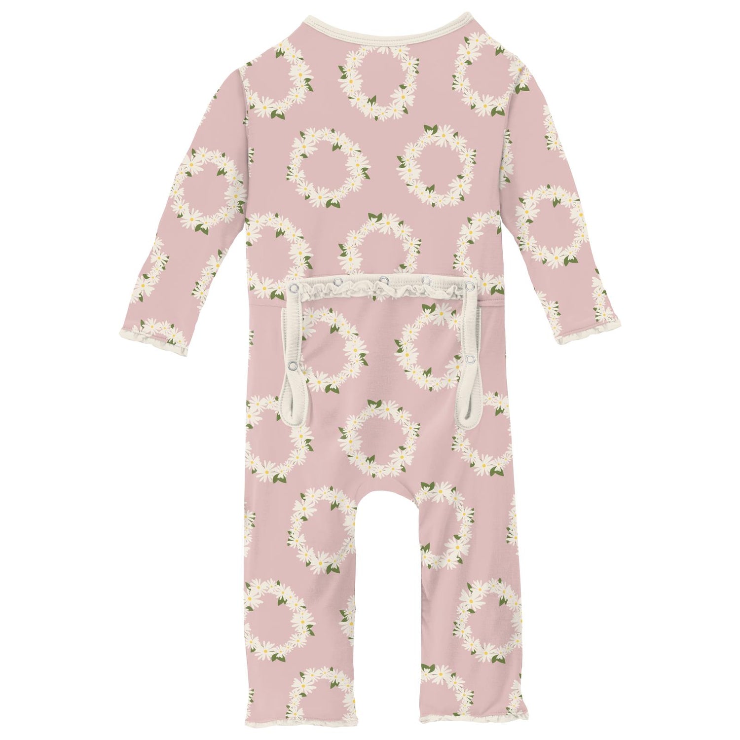 Print Muffin Ruffle Coverall with Zipper in Baby Rose Daisy Crowns