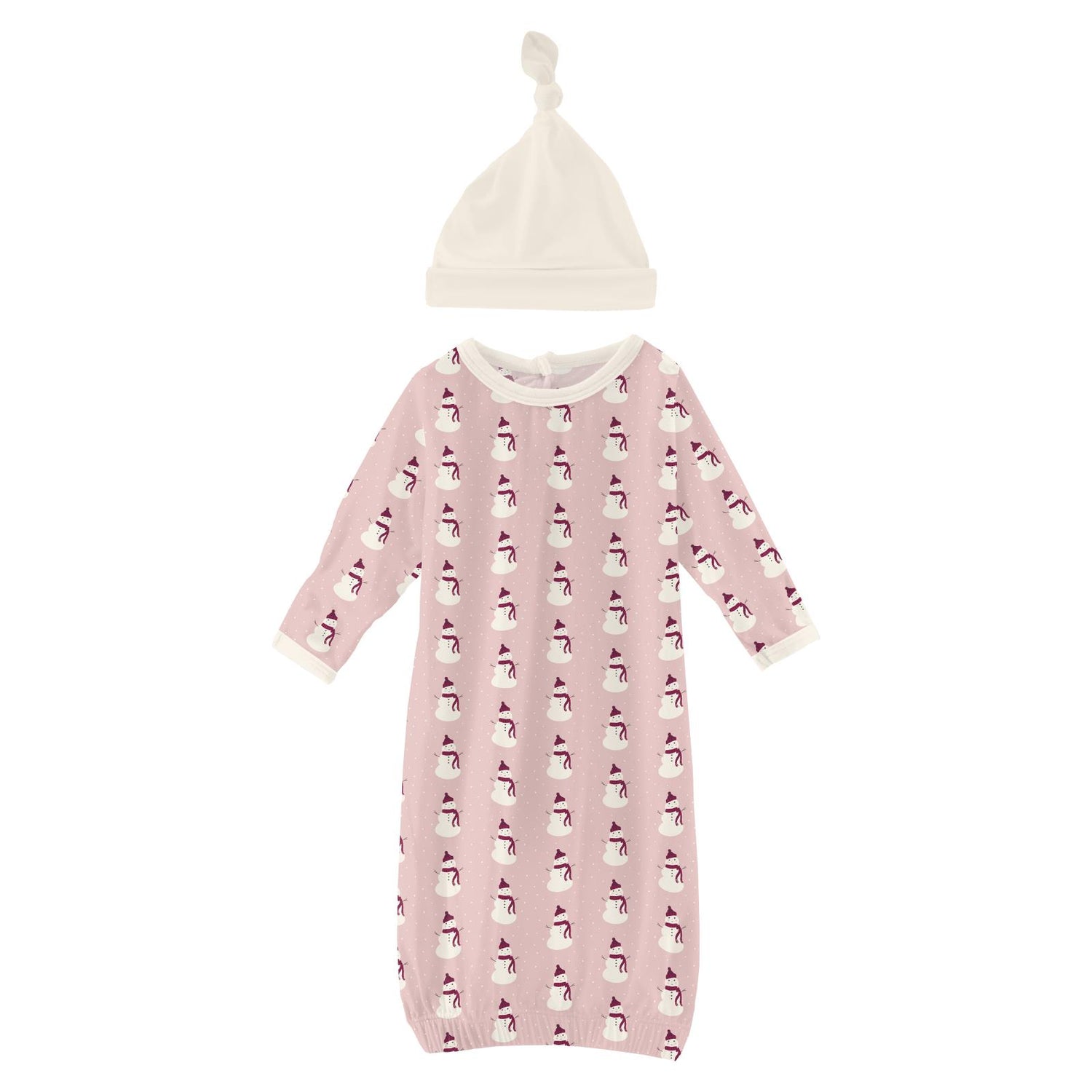 Print Layette Gown & Single Knot Hat Set in Baby Rose Tiny Snowman