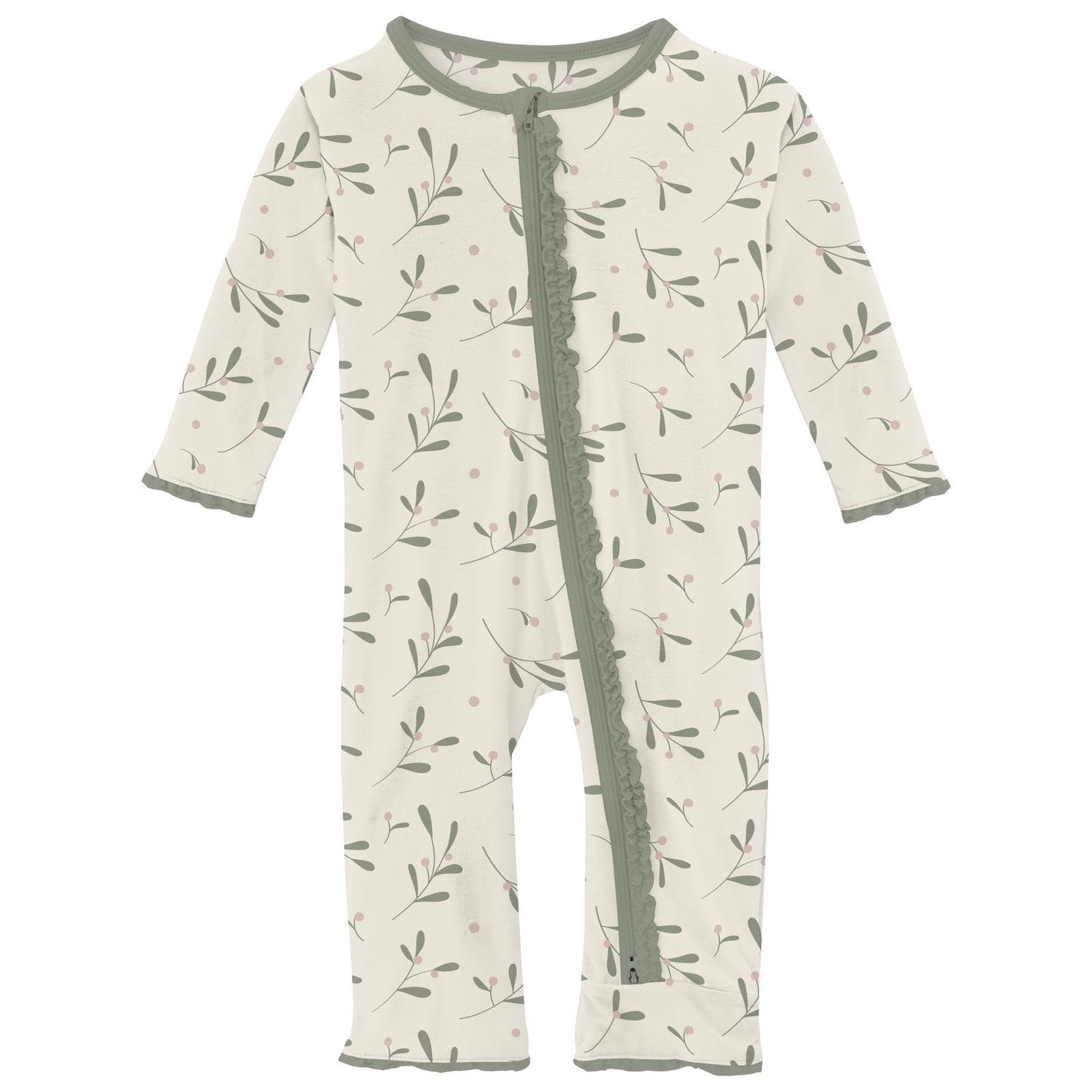 Print Muffin Ruffle Coverall with 2 Way Zipper in Natural Mistletoe