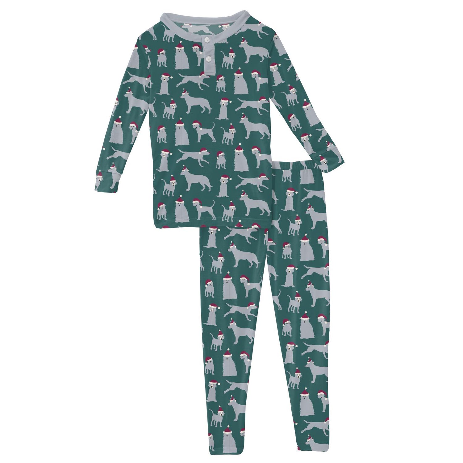 Print Long Sleeve Henley Pajama Set in Cedar Santa Dogs