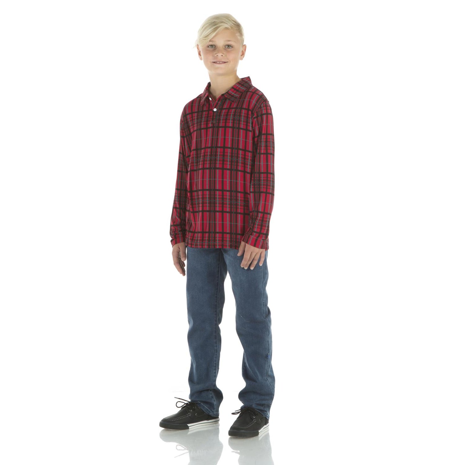 Print Long Sleeve Polo in Christmas Plaid